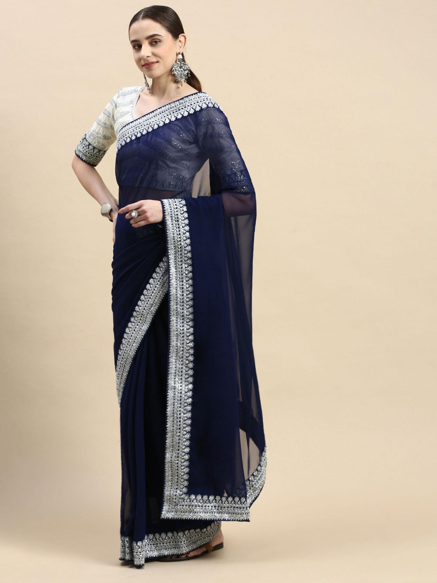 navy blue soft georgette silver embroidered border saree with unstitched blouse