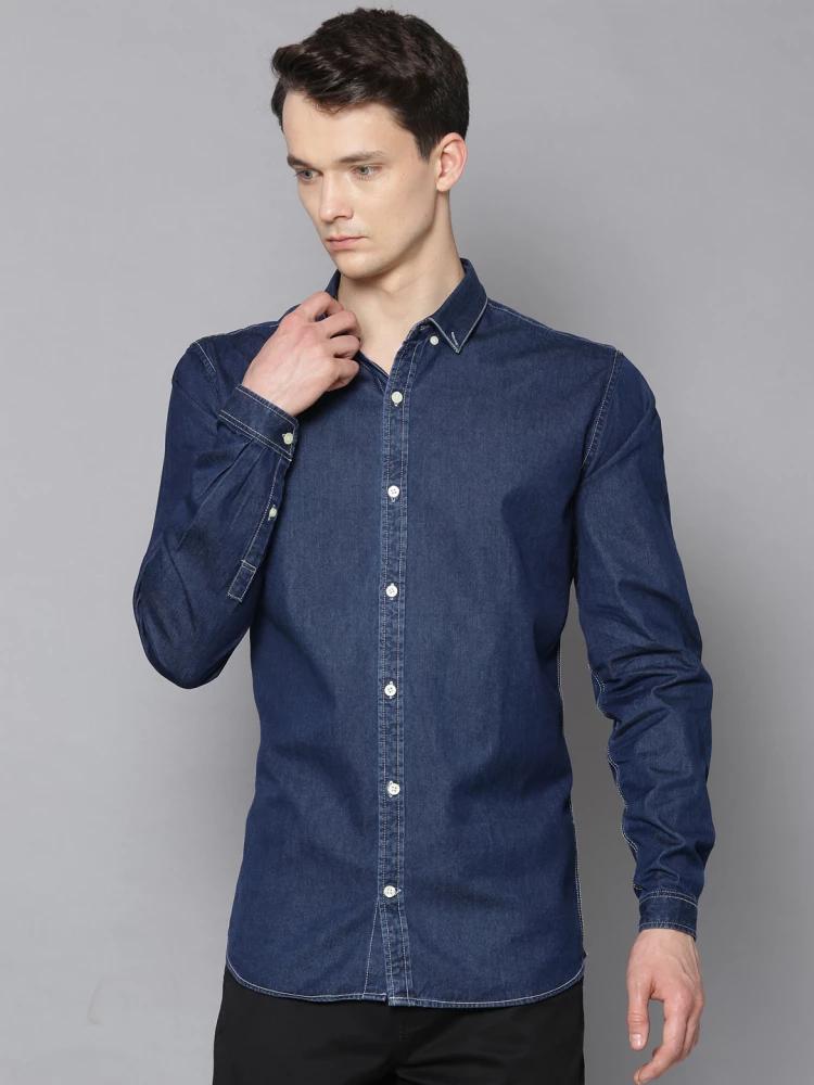 navy blue solid button down shirt