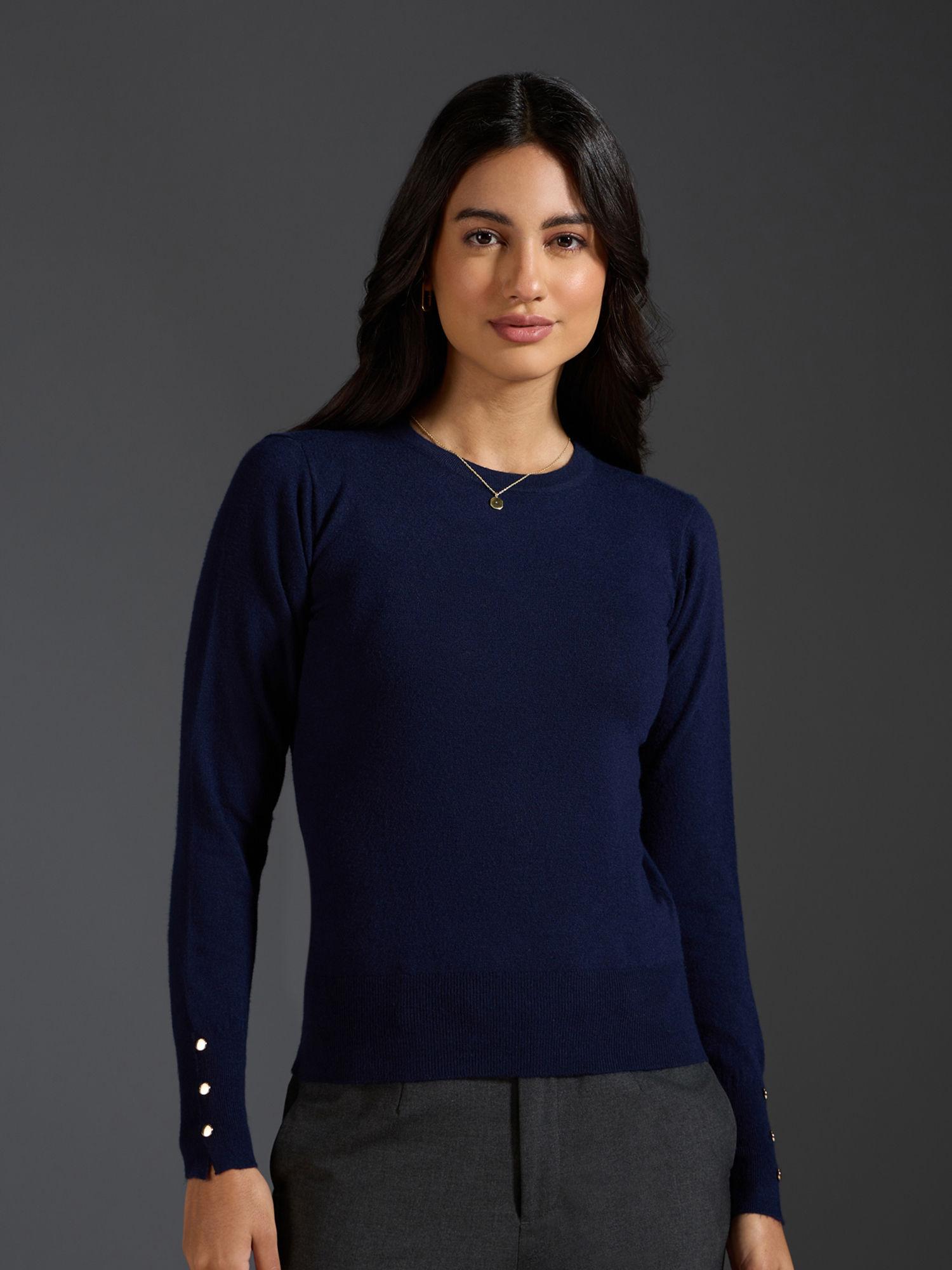 navy blue solid buttoned cuffs sweater top