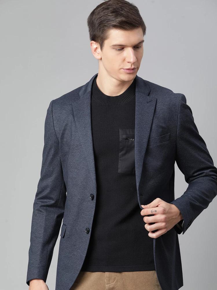 navy blue solid collar blazer