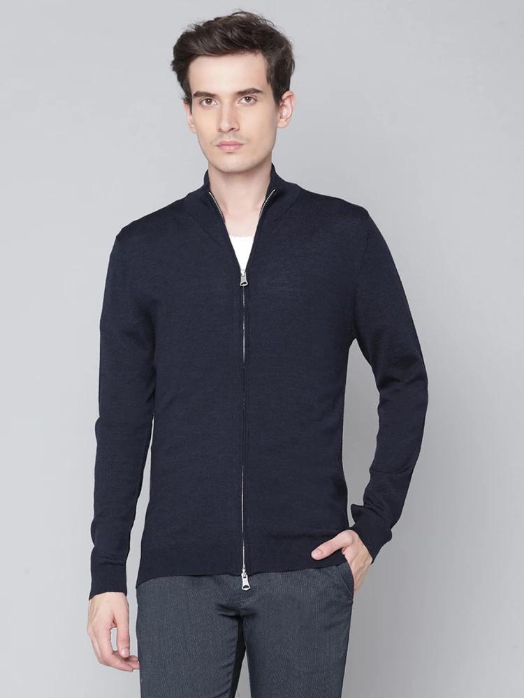 navy blue solid collar cardigan