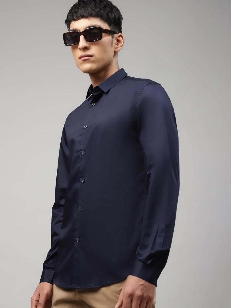 navy blue solid collar shirt