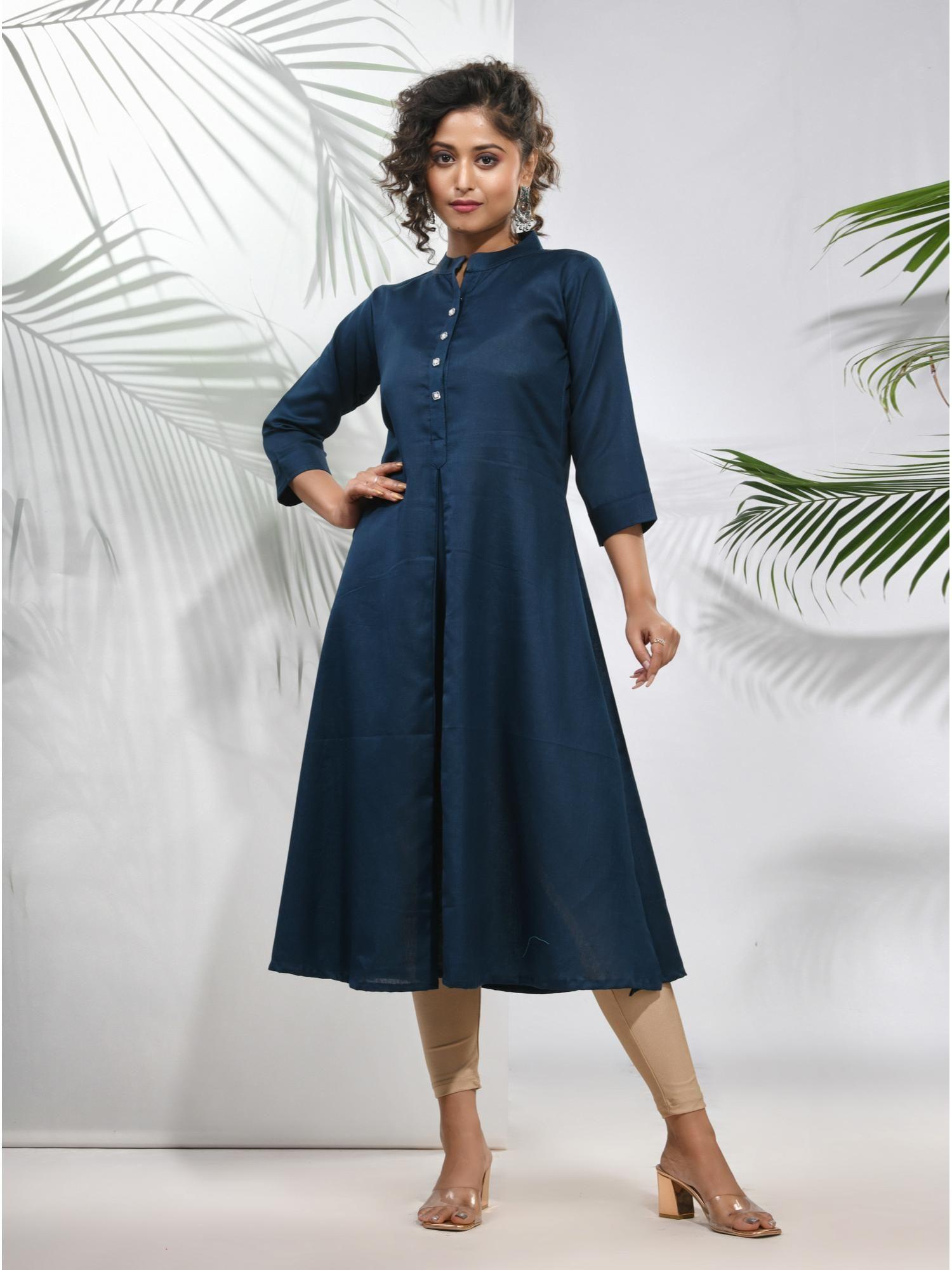 navy blue solid cotton a-line kurta