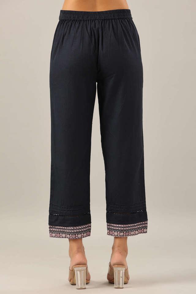 navy blue solid cotton flex pants with printed hem, pintucks _ lace work