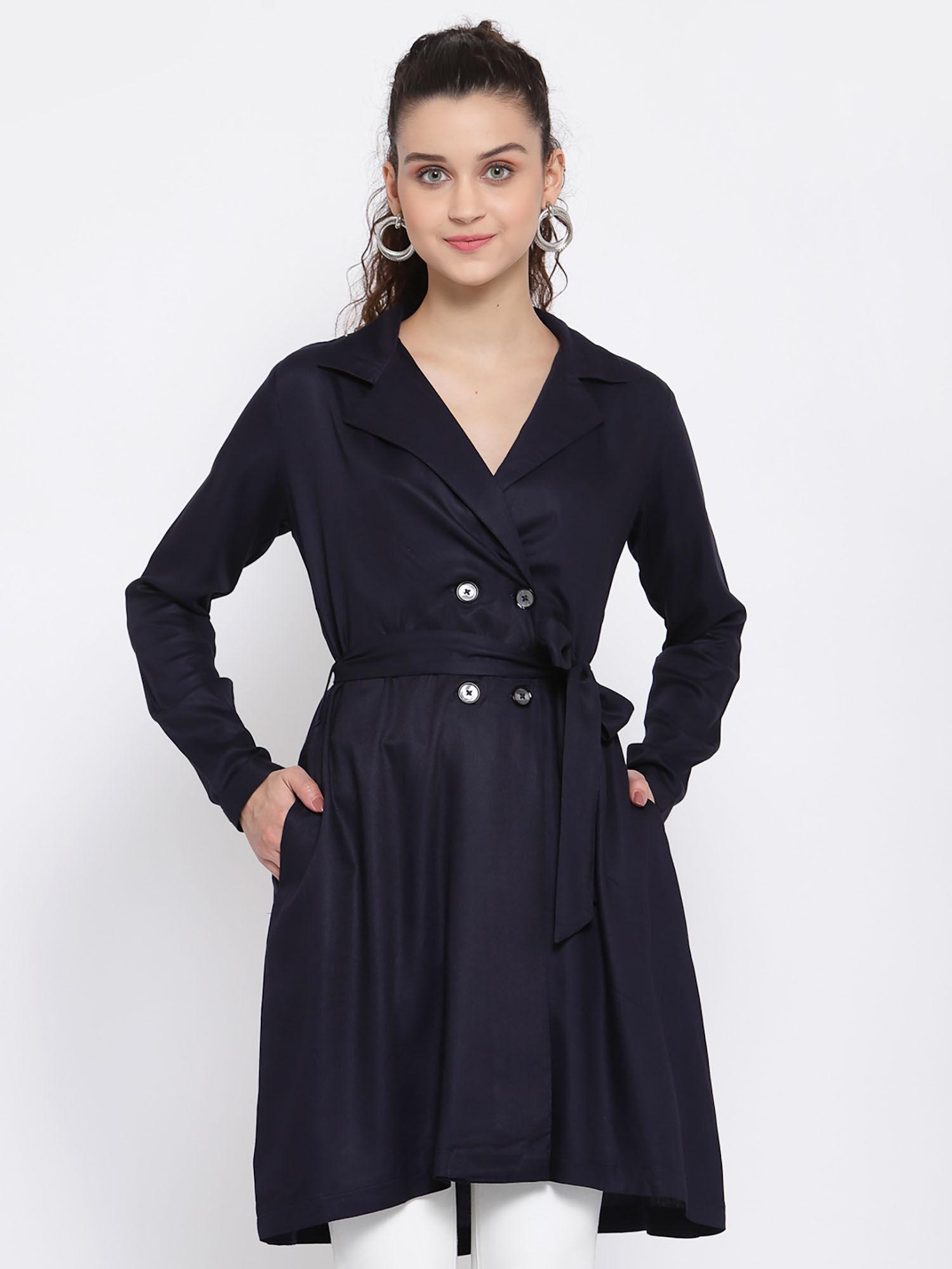 navy blue solid double-breasted knee-length trench coat