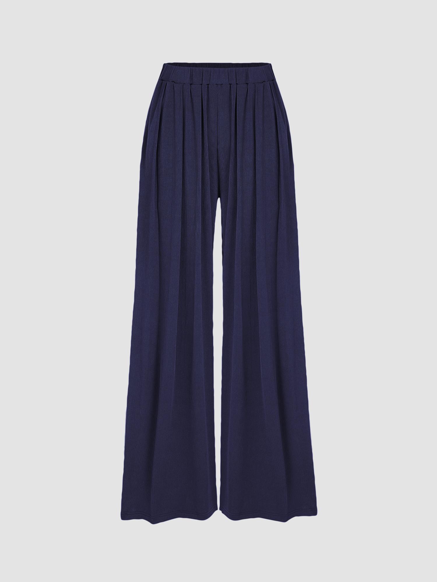 navy blue solid elastic waist wide leg pant