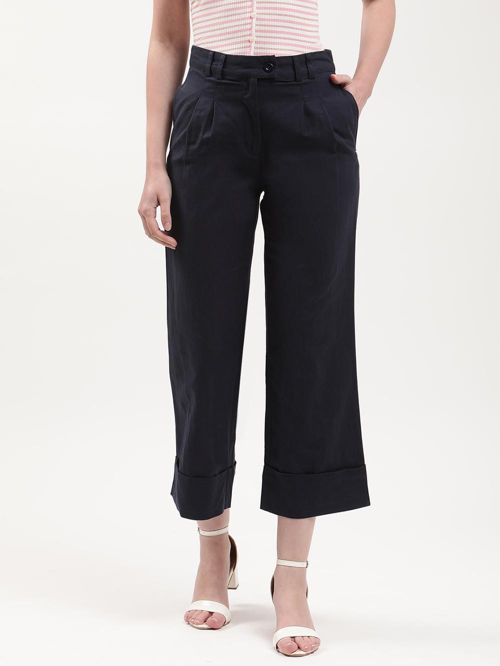 navy blue solid fitted trouser