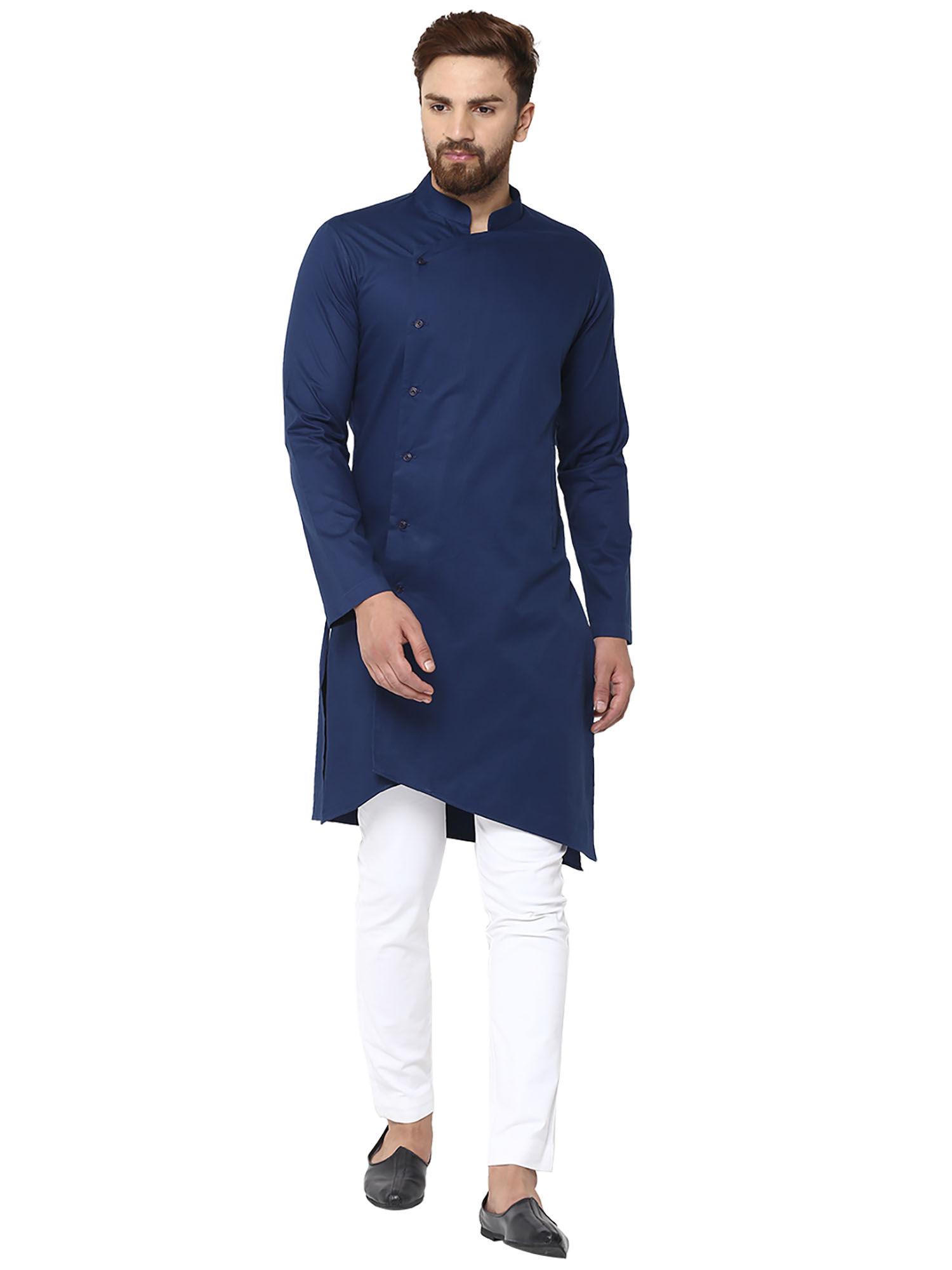navy blue solid full sleeves kurta & pyjama (set of 2)
