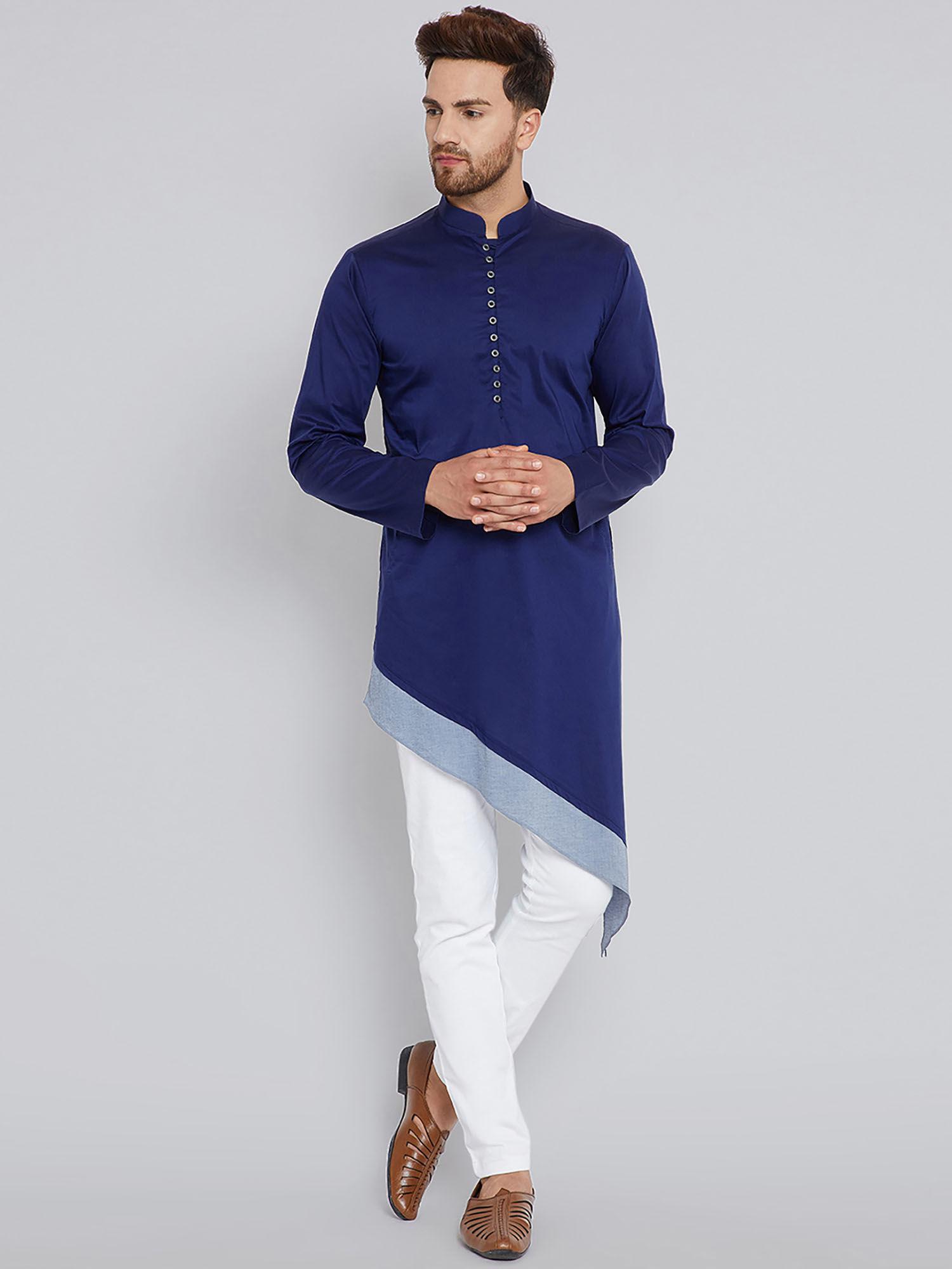 navy blue solid full sleeves kurta & pyjama (set of 2)