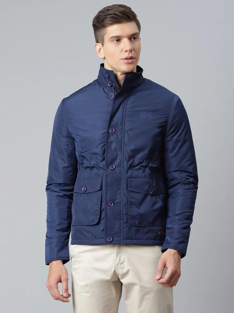 navy blue solid high neck jacket