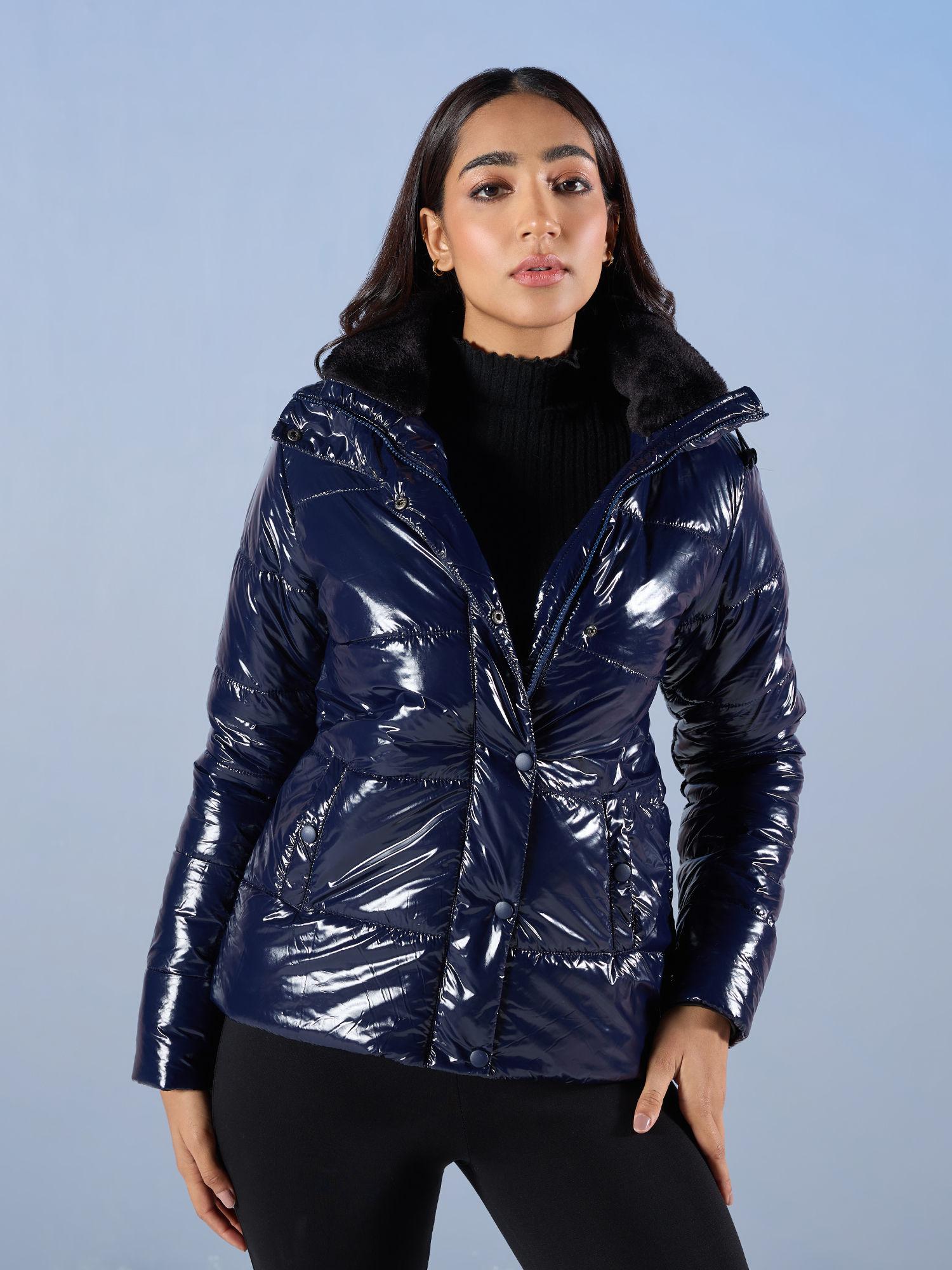 navy blue solid high neck puffer jacket