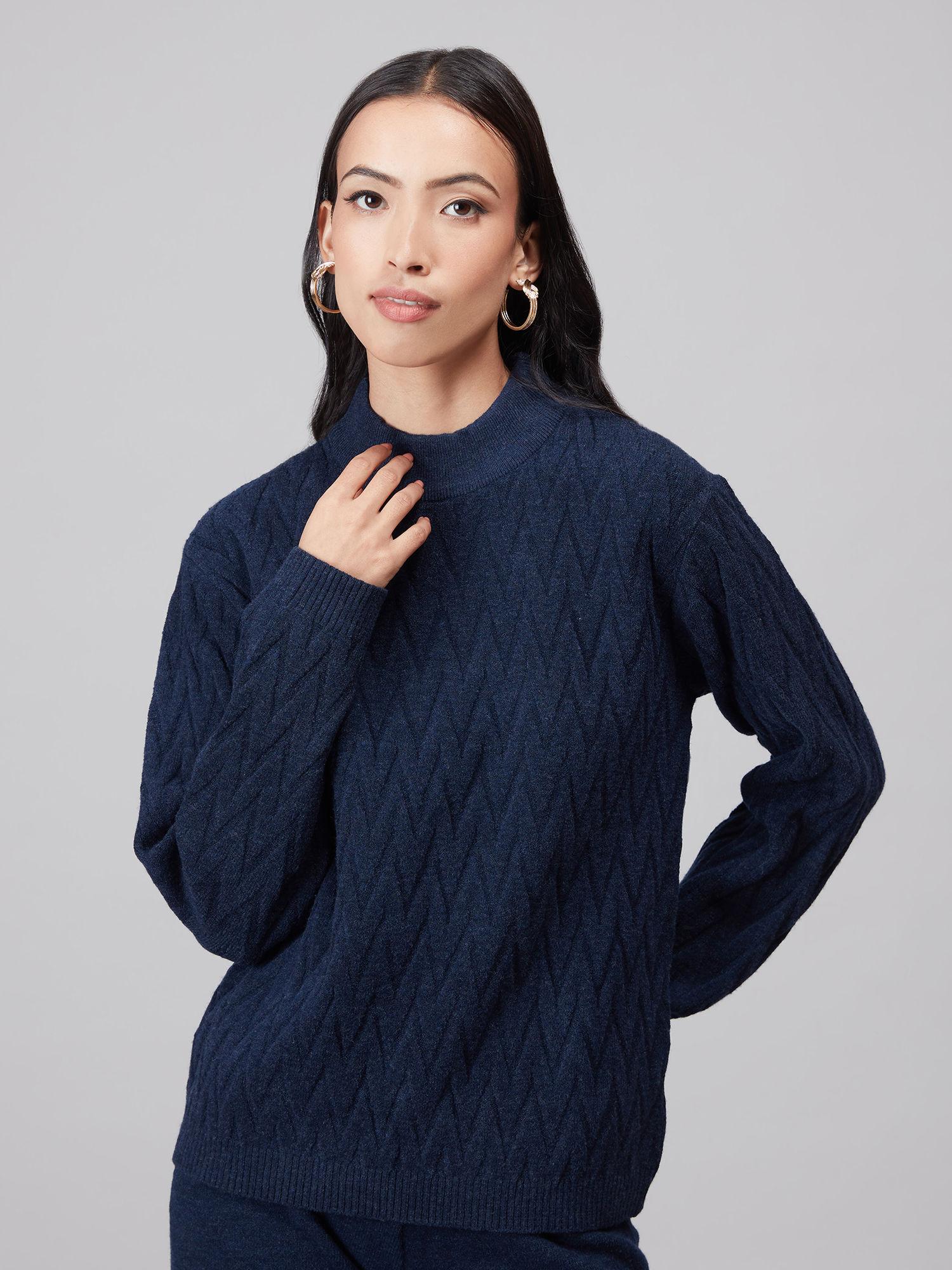 navy blue solid high neck sweater