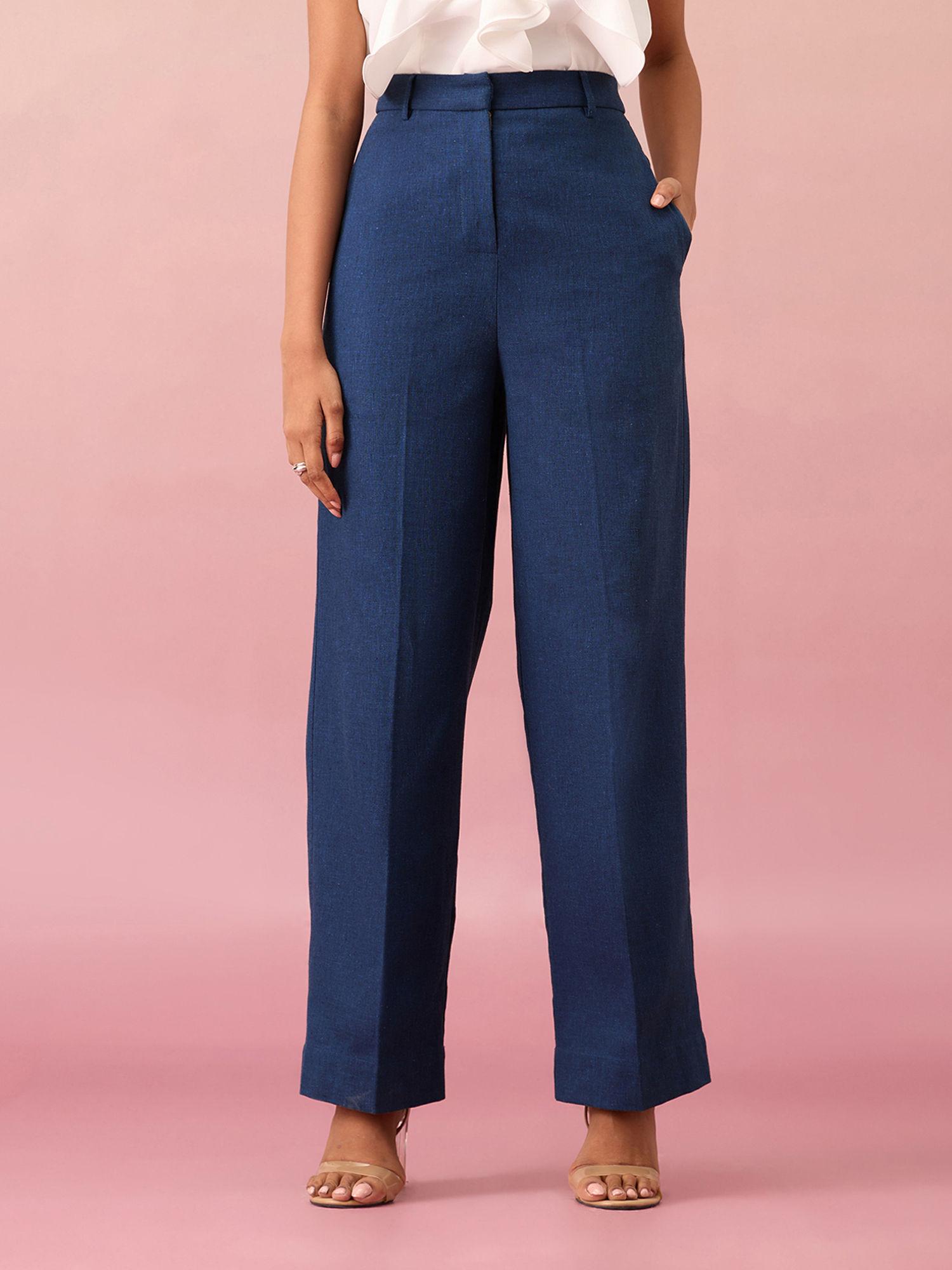 navy blue solid high waist straight semi formal linen pant