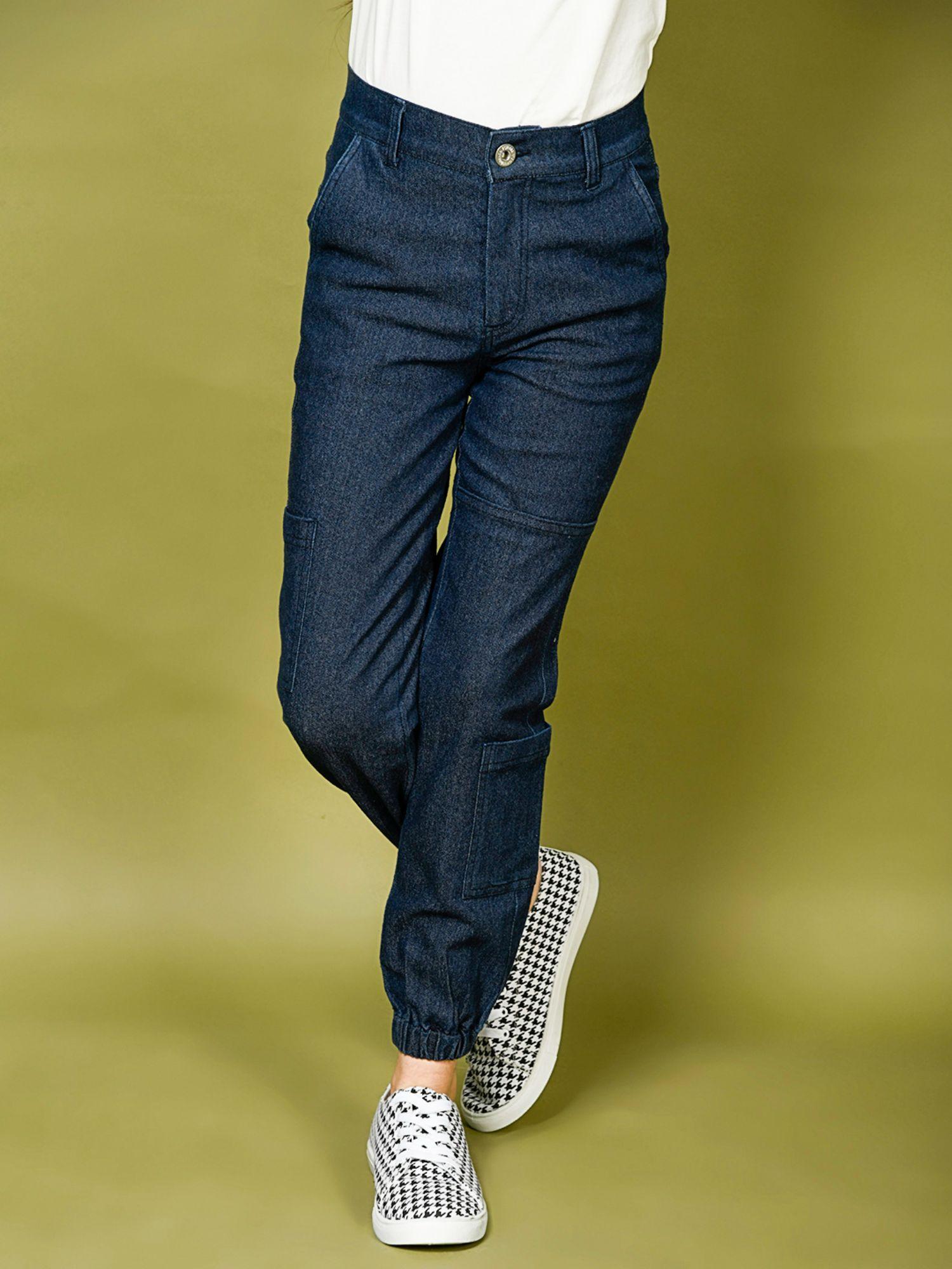 navy blue solid joggers style denim jeans pant