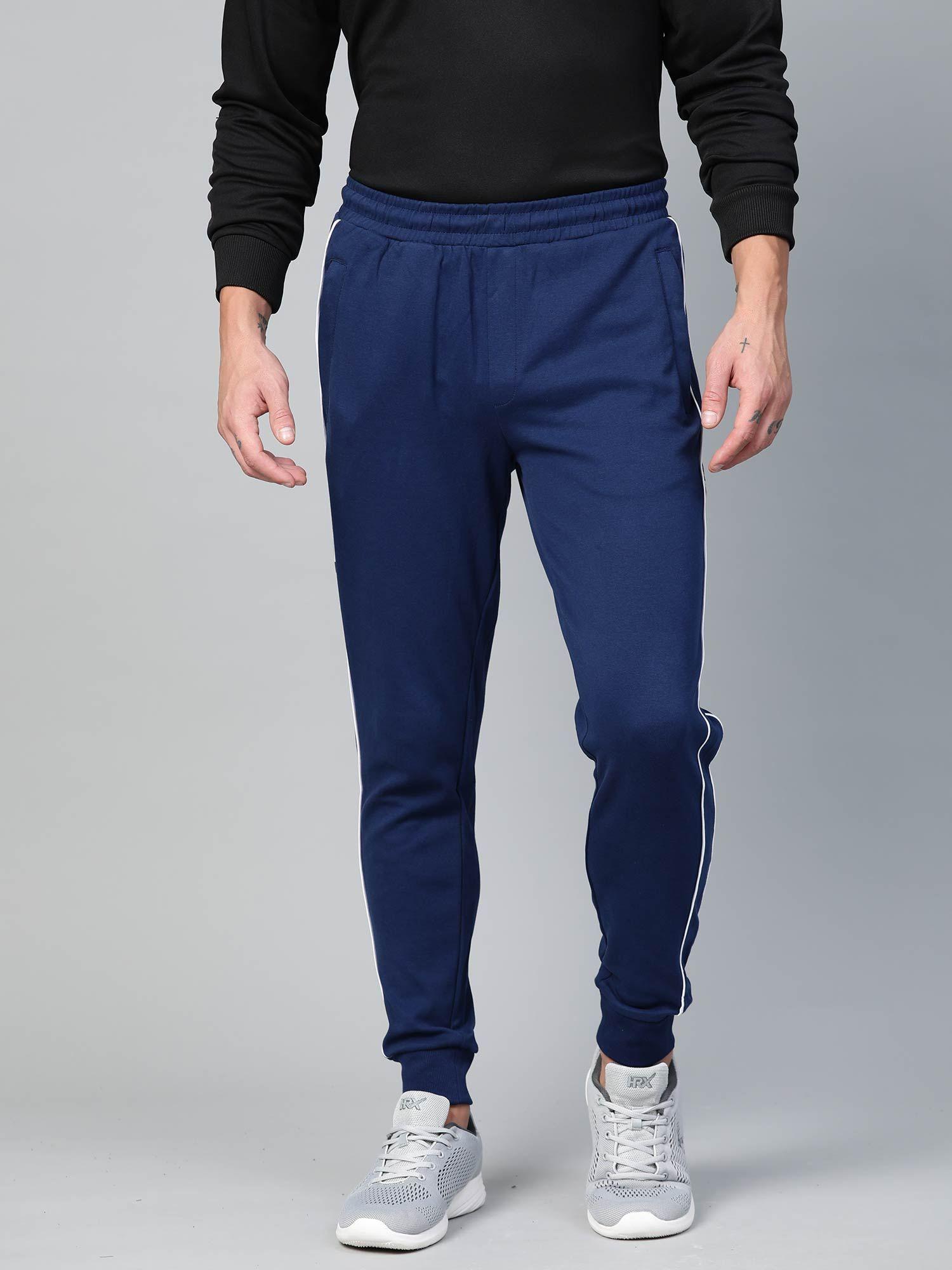 navy blue solid joggers with side striped detail