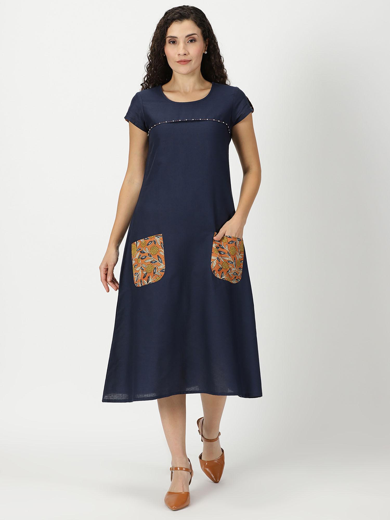 navy blue solid midi dress with bagru patch pockets