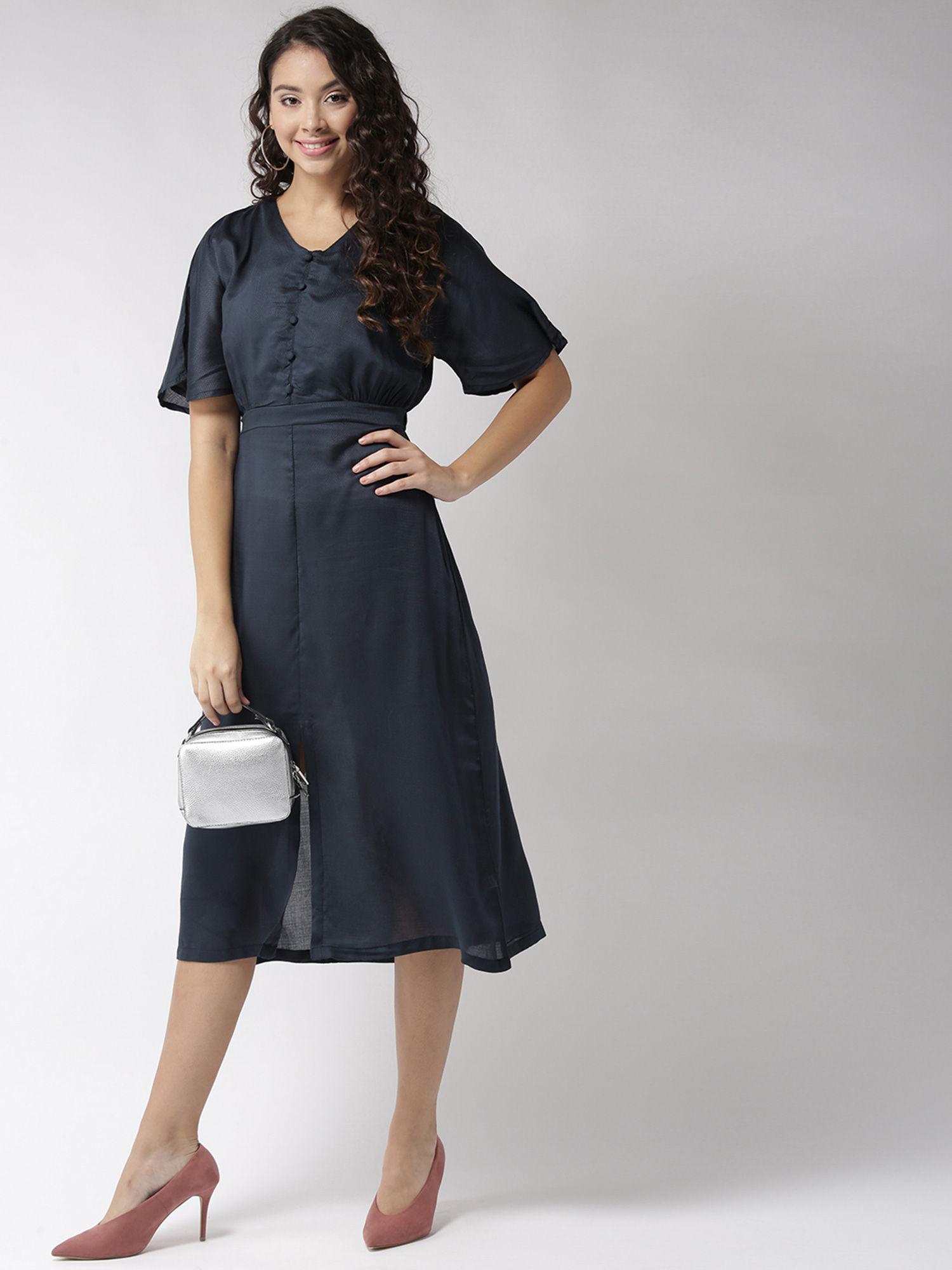 navy blue solid midi dress