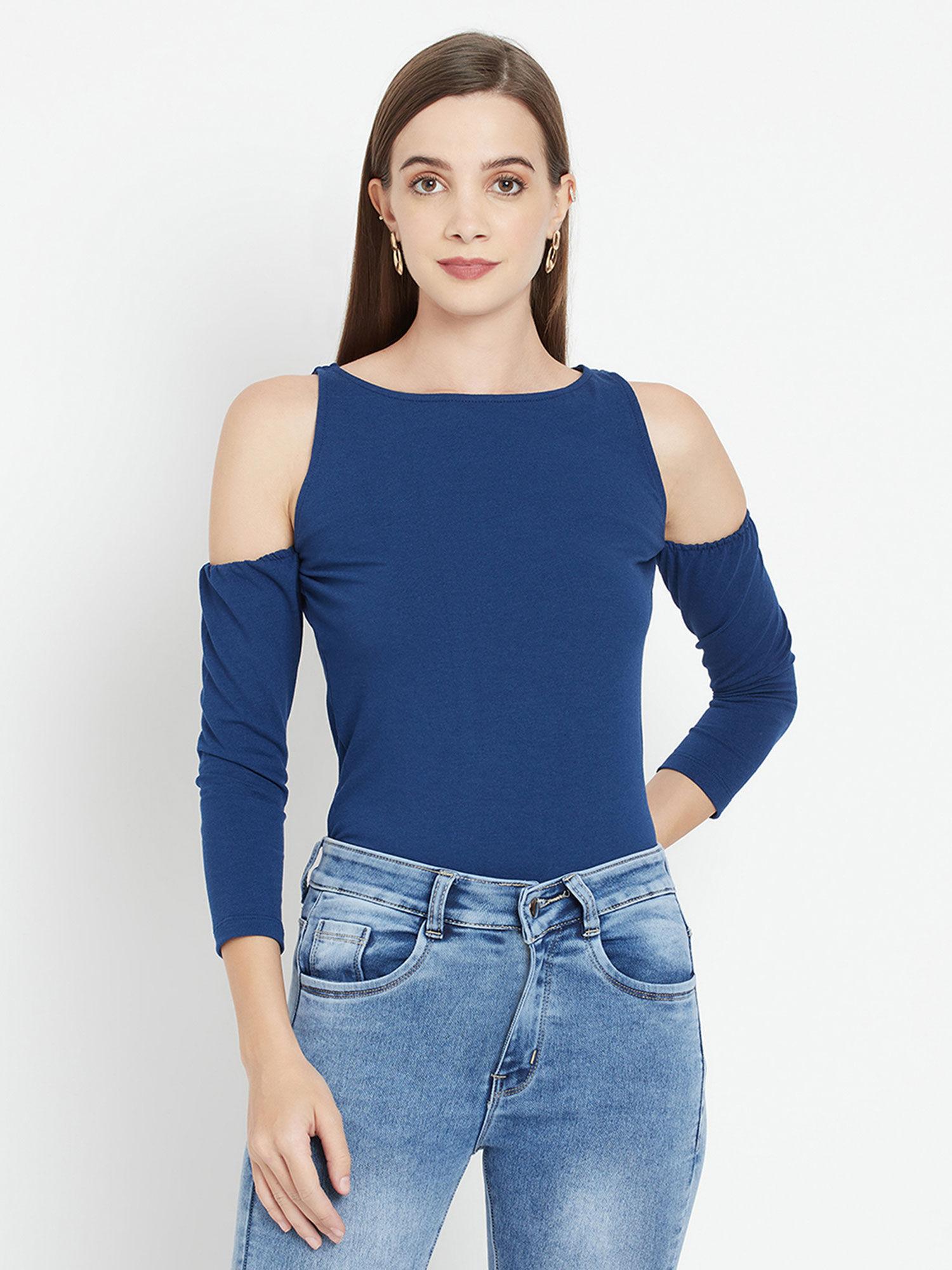 navy blue solid navy blue ribbed bodyfit top with cold shoulder sleeves