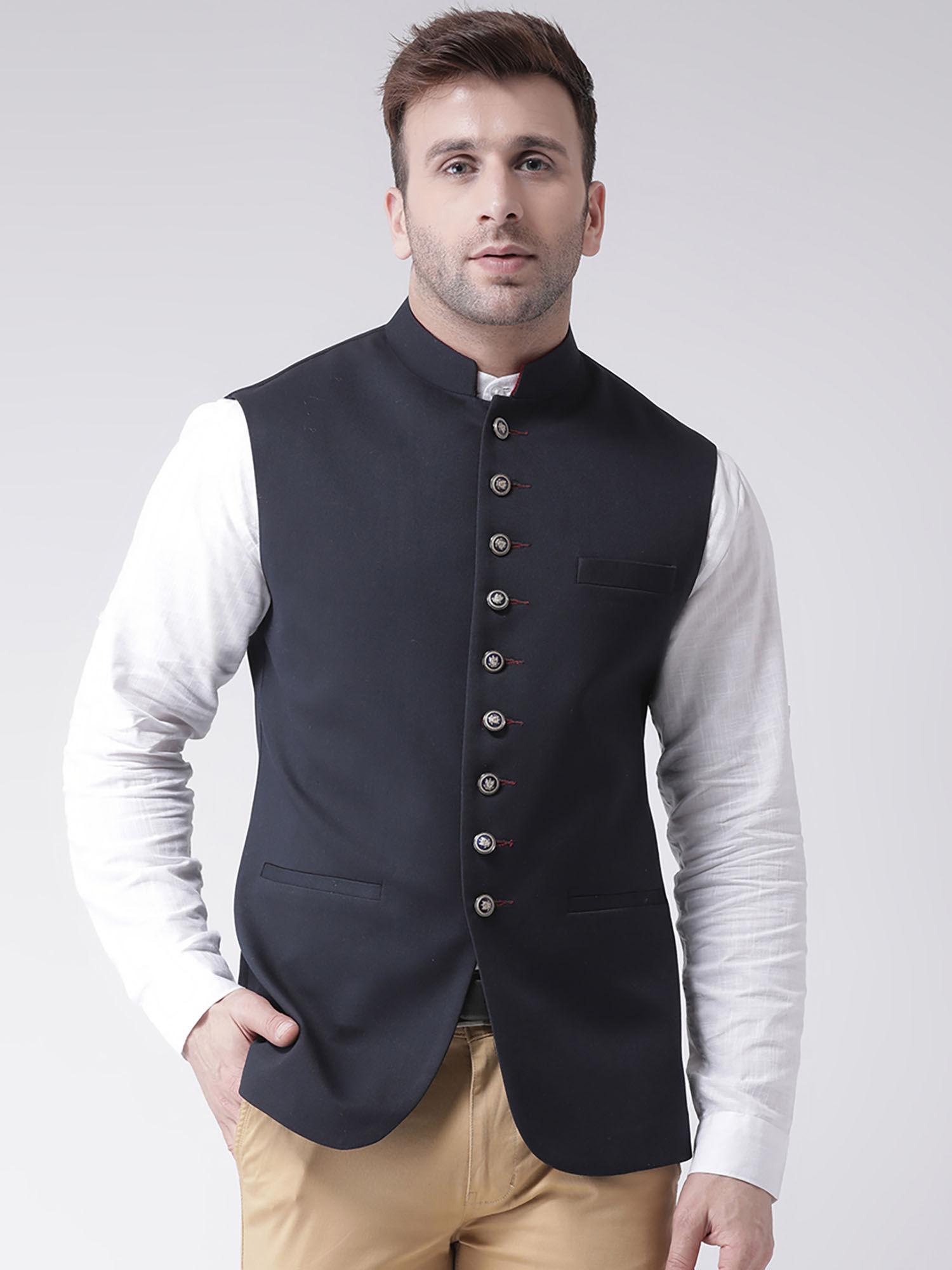 navy blue solid nehru jacket