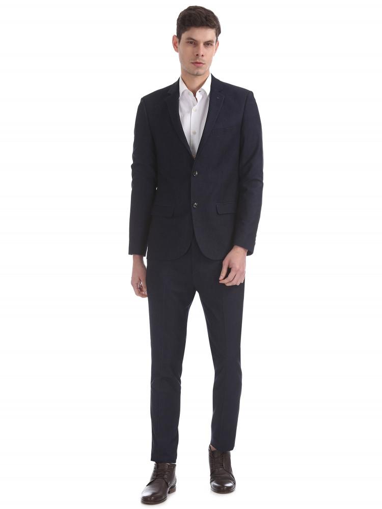 navy blue solid notched lapel suit set