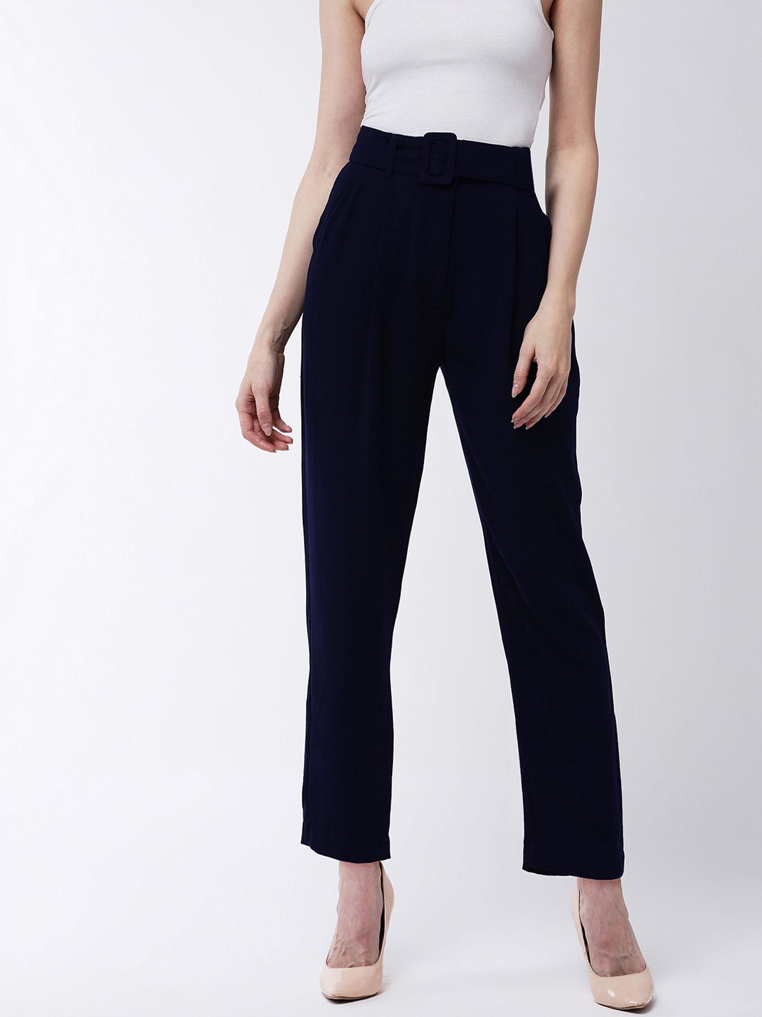 navy blue solid pant with belt