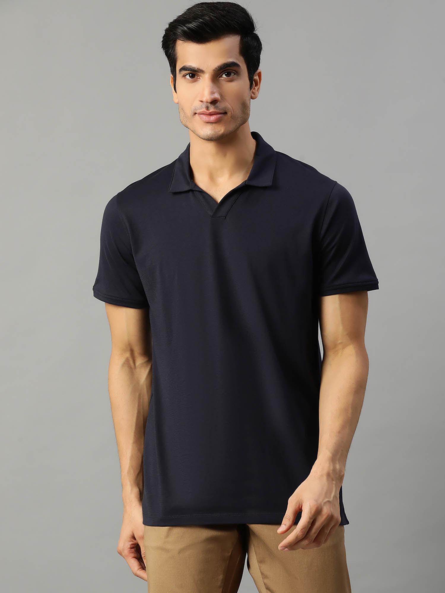 navy blue solid polo collar t-shirt