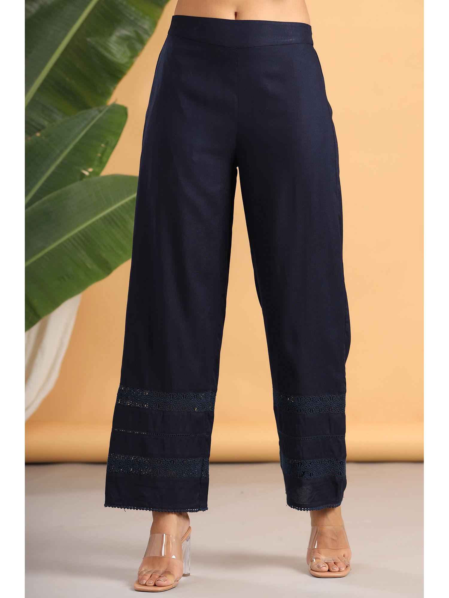 navy blue solid rayon flared ankle-length palazzo.