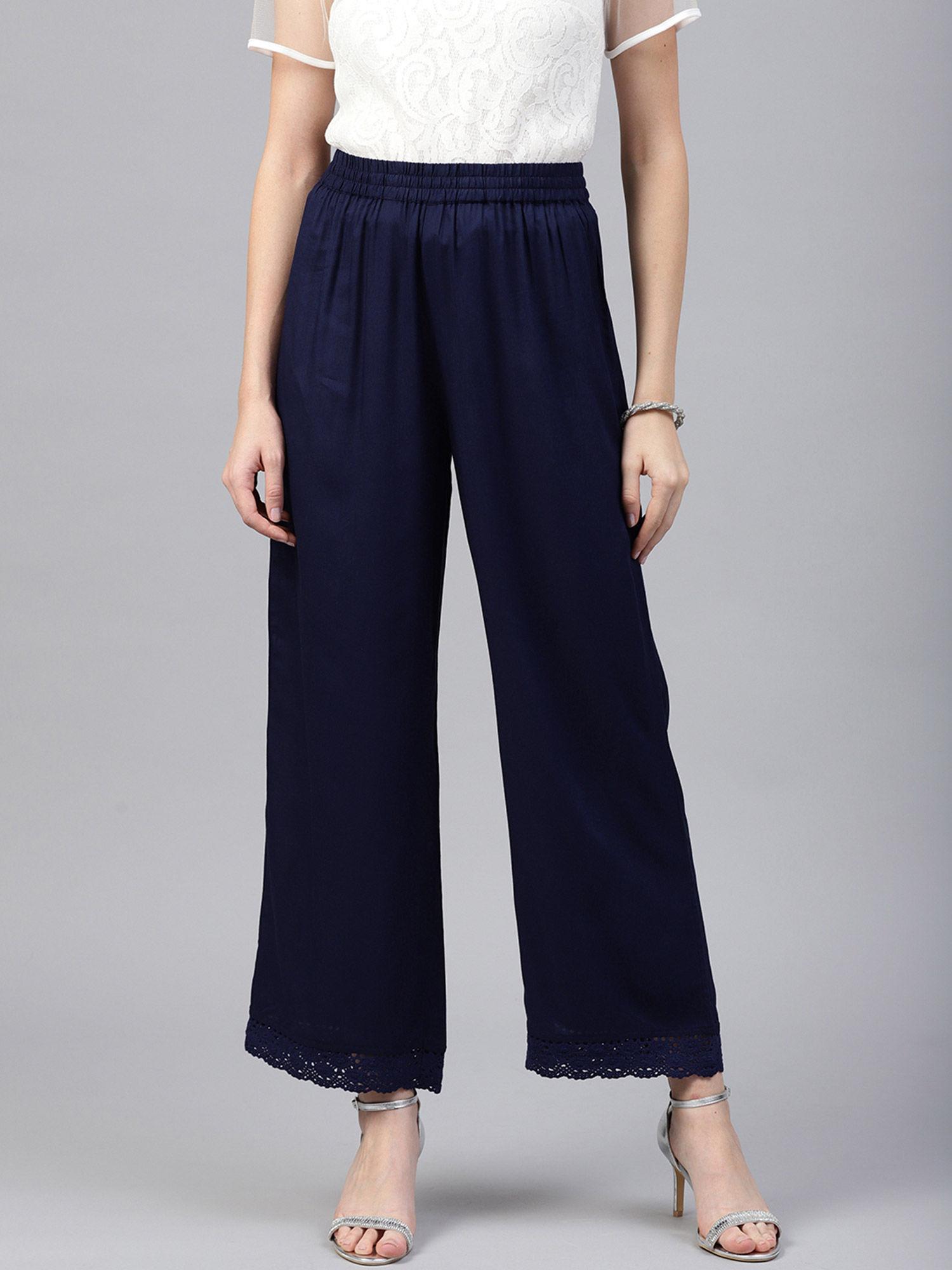 navy blue solid rayon wide leg women palazzo with one pocket