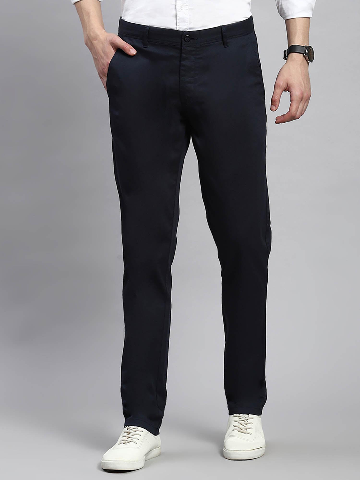navy blue solid regular fit casual trouser