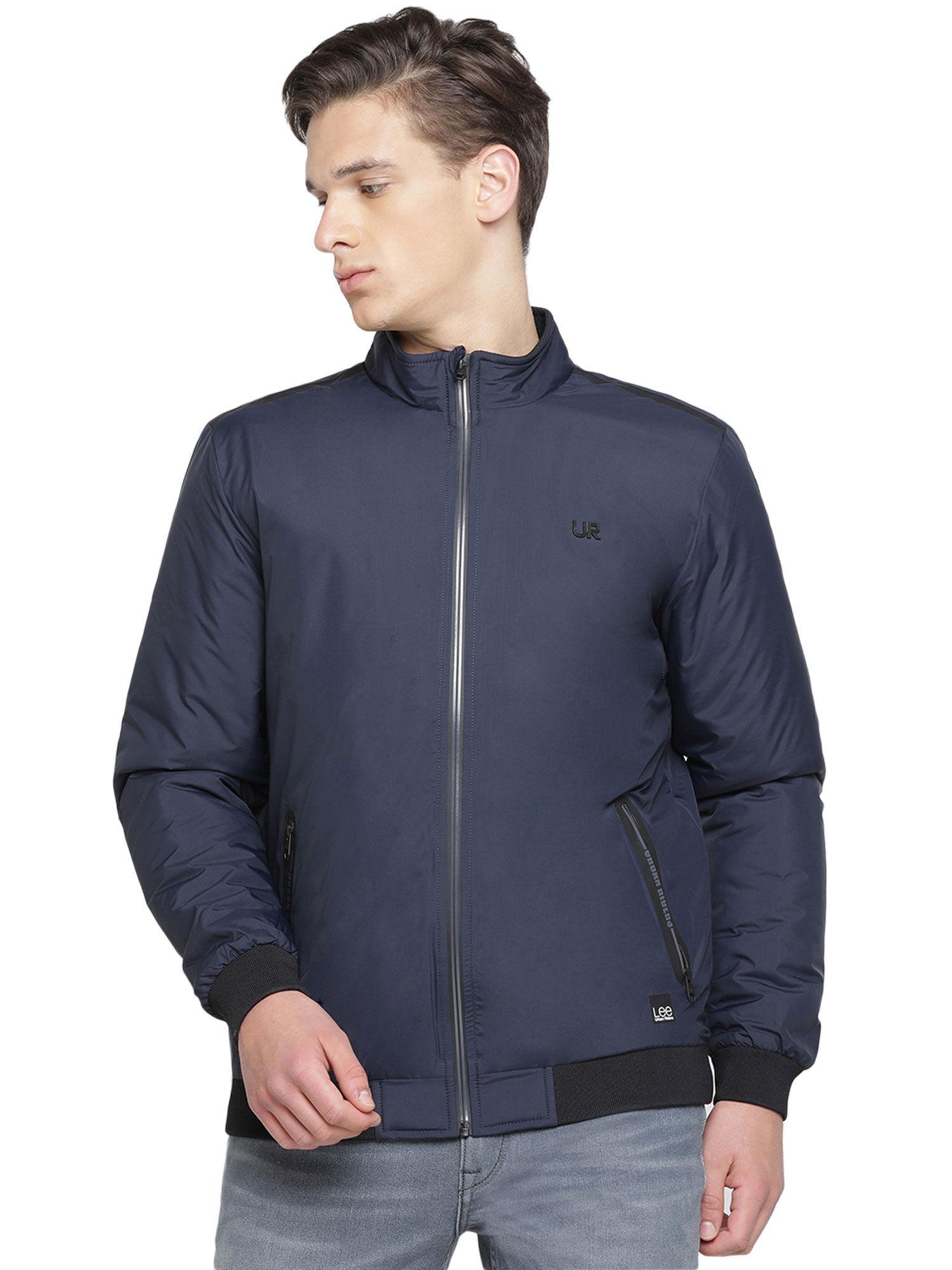 navy blue solid regular fit jacket