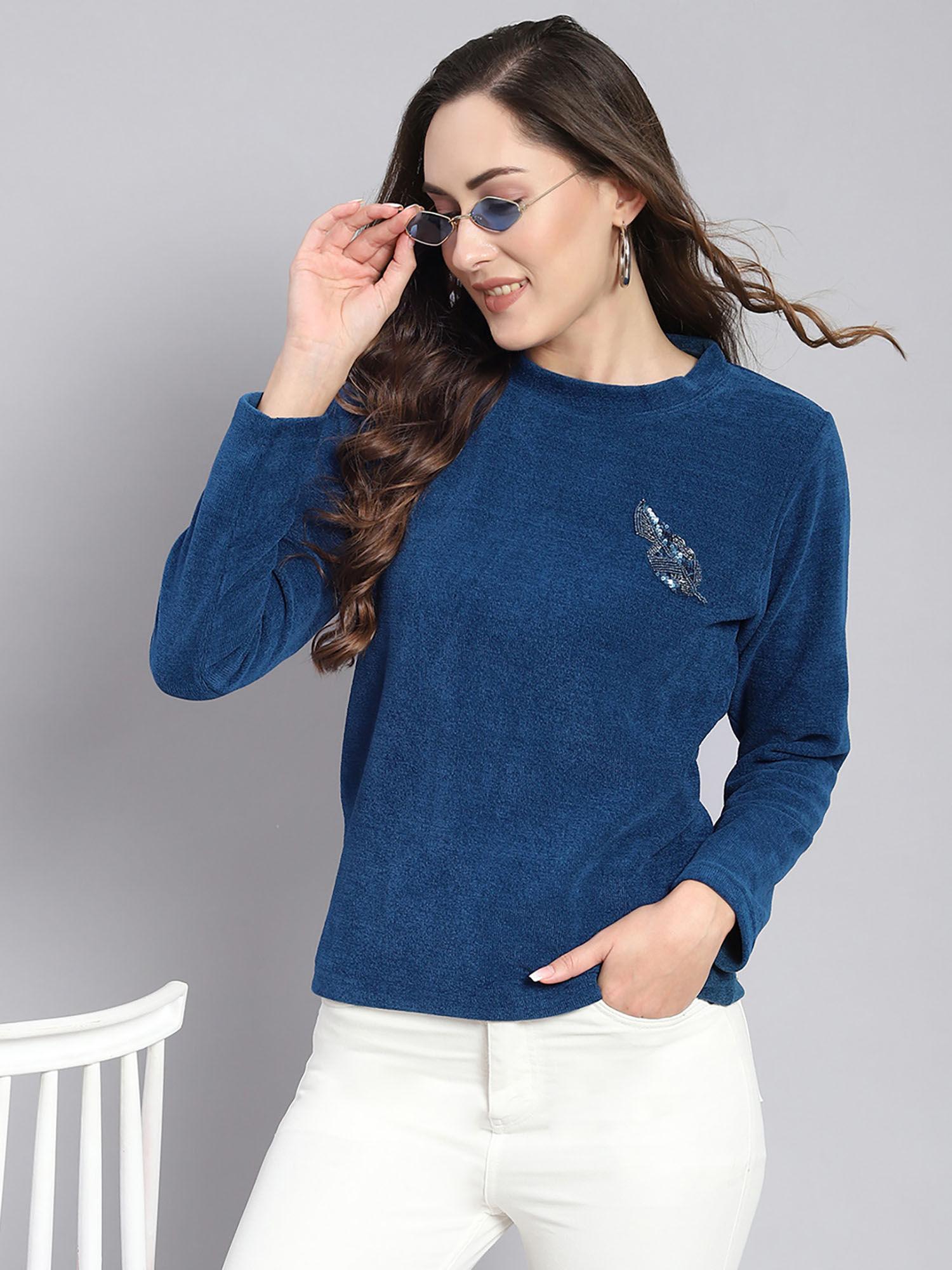 navy blue solid round neck full sleeve sweater