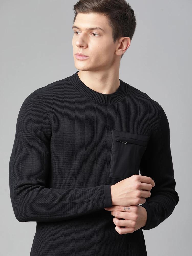 navy blue solid round neck sweater