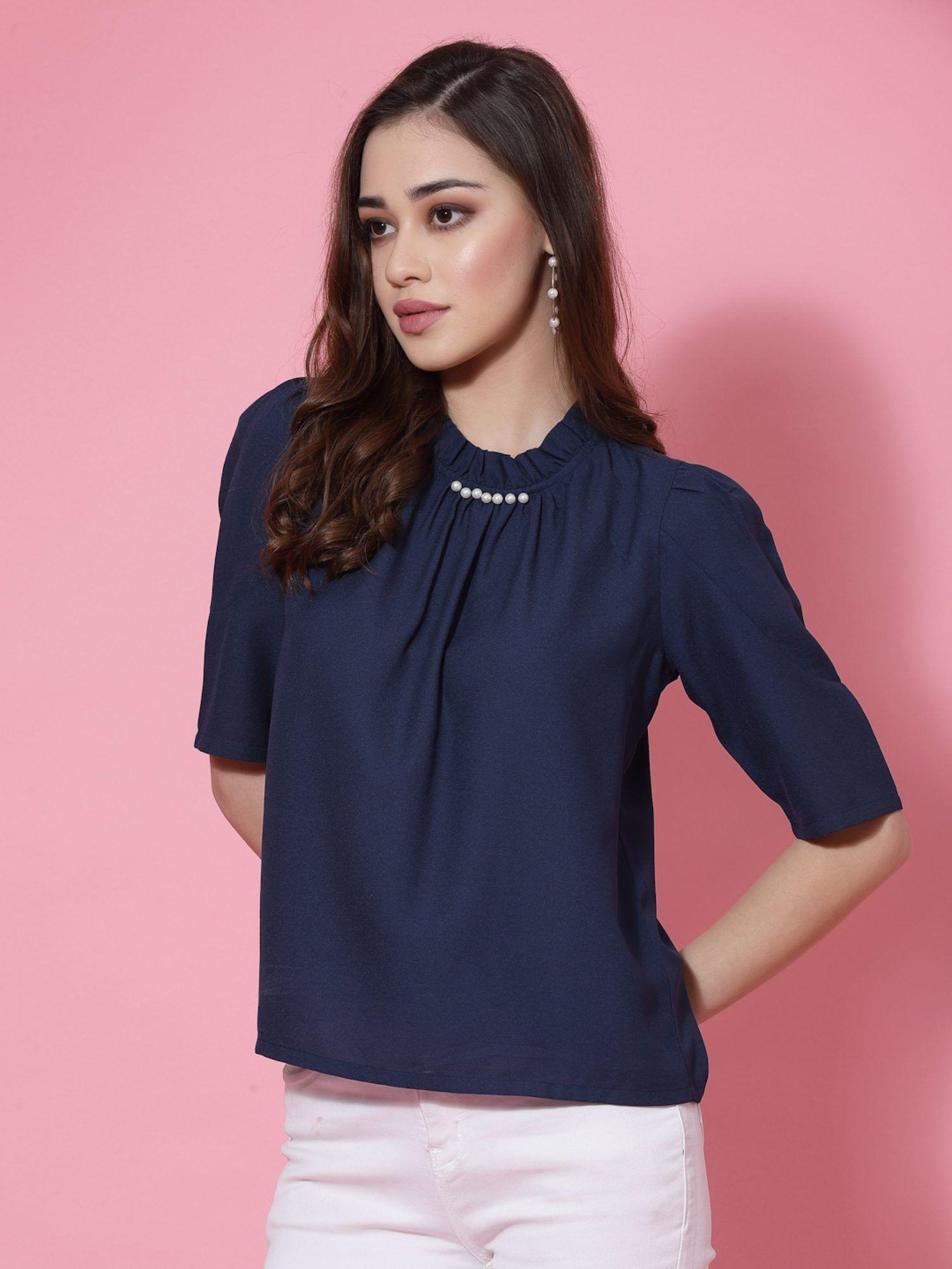 navy blue solid ruffled beaded neck detail top