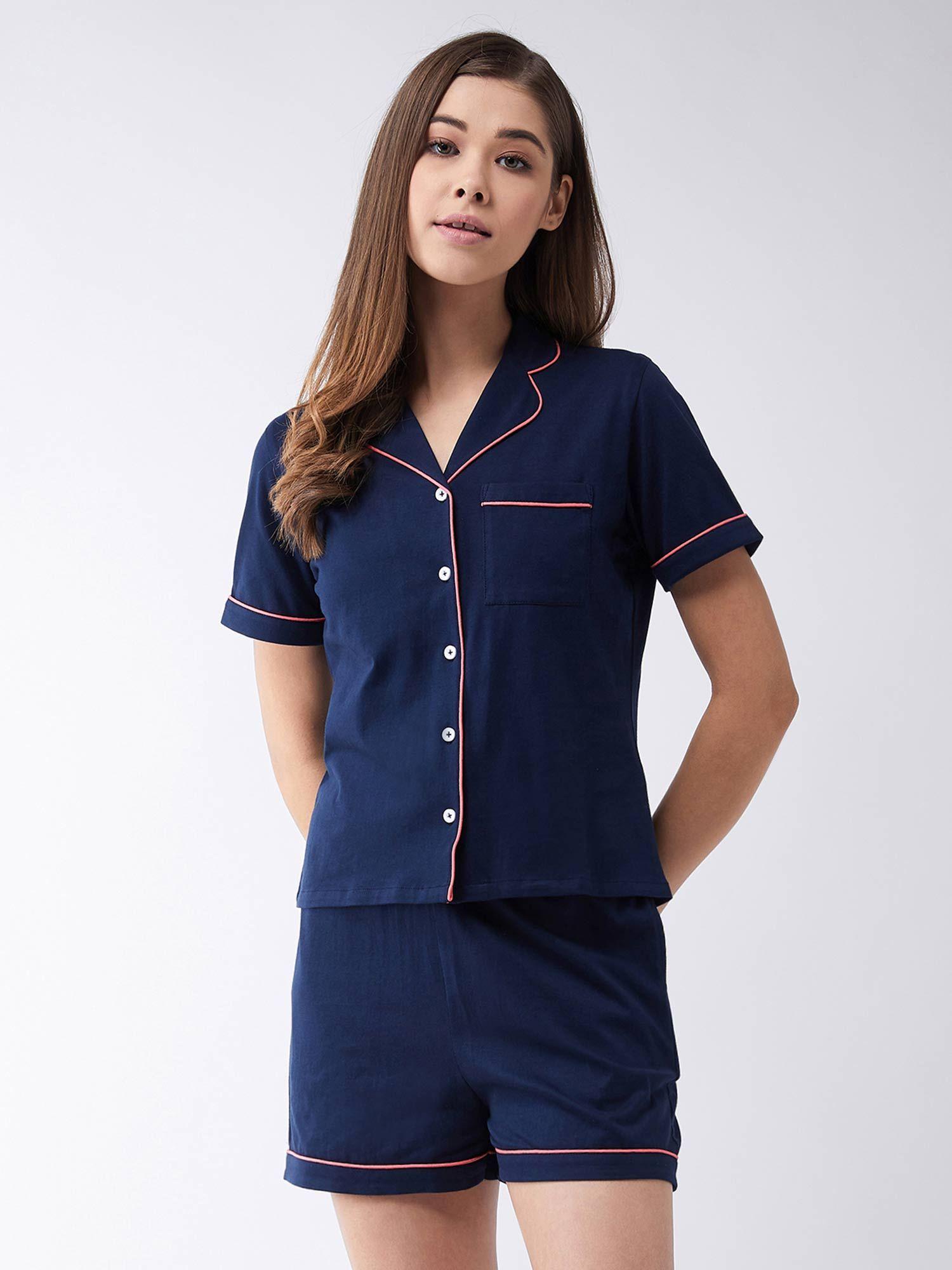 navy blue solid shirt and shorts (set of 2)