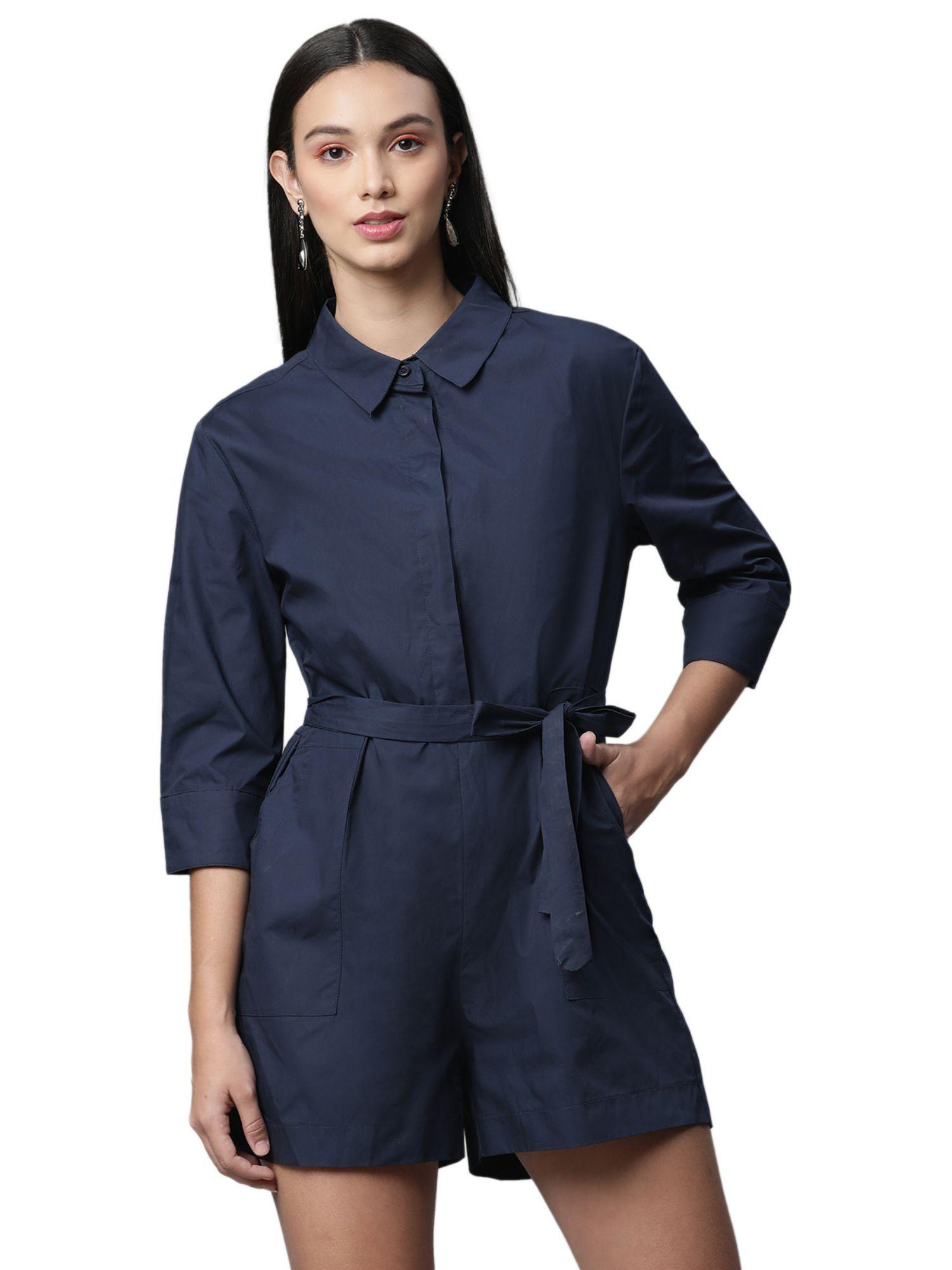 navy blue solid shirt collar three quarter length womens playsuit (set of 2)