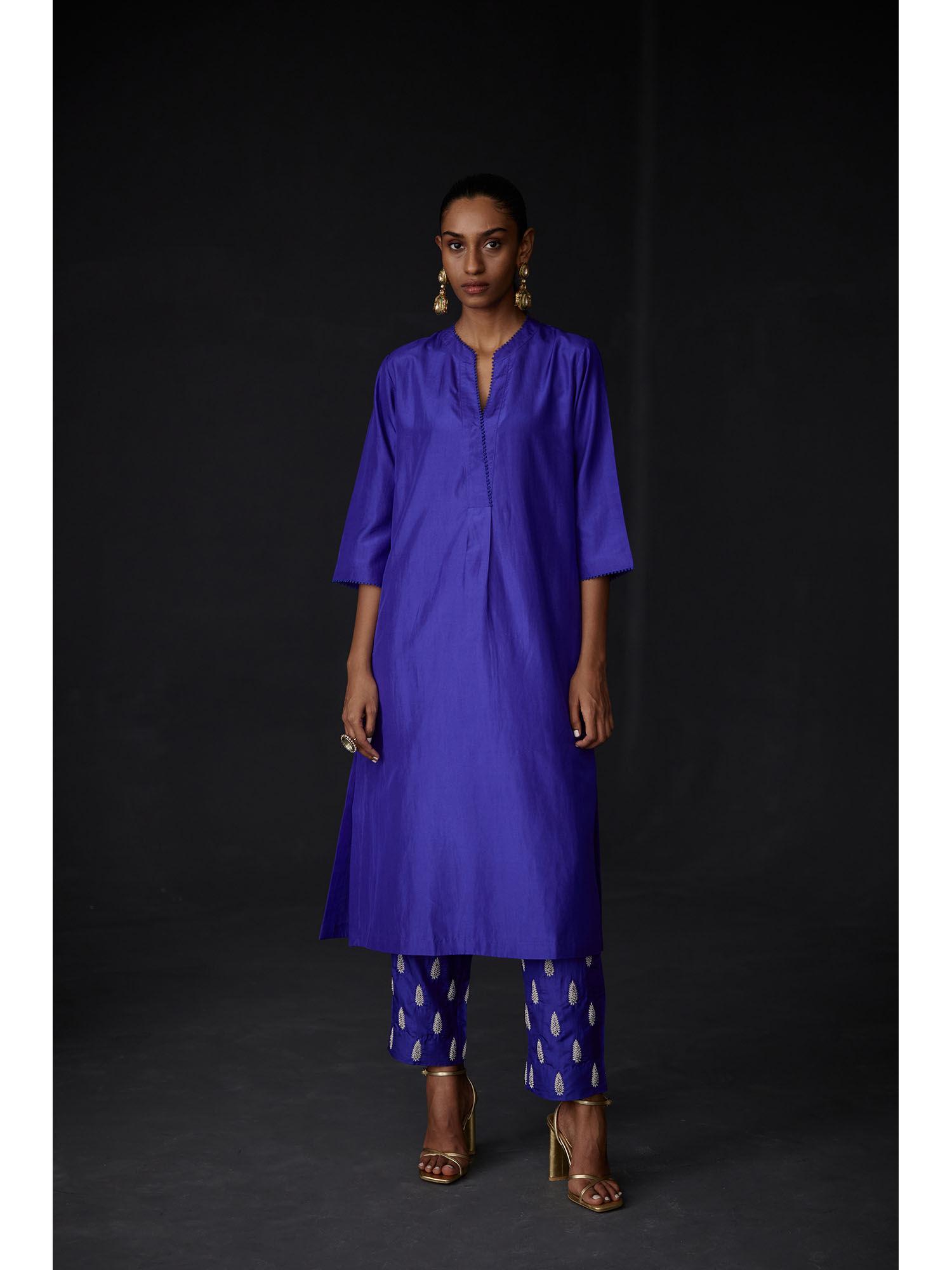 navy blue solid silk kurta with embroidered pant (set of 2)