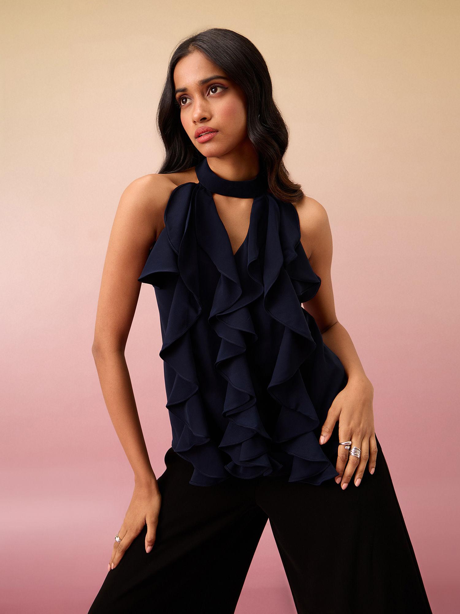 navy blue solid sleeveless high neck top