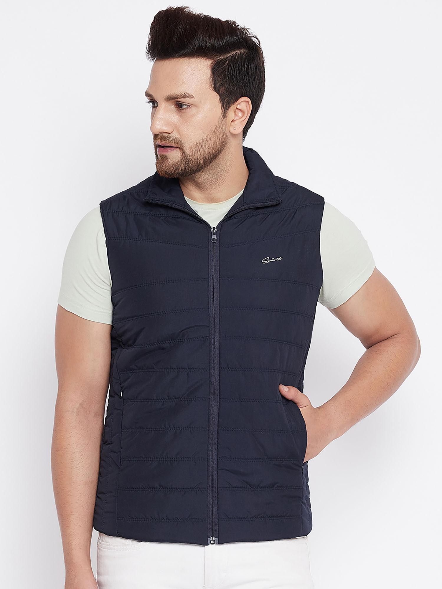 navy blue solid sleeveless jackets