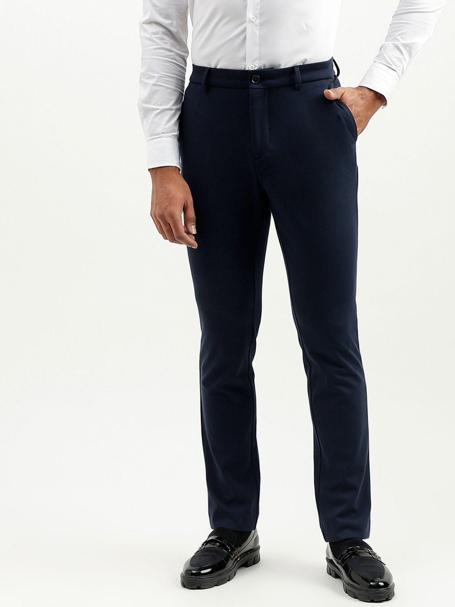 navy blue solid slim fit trousers