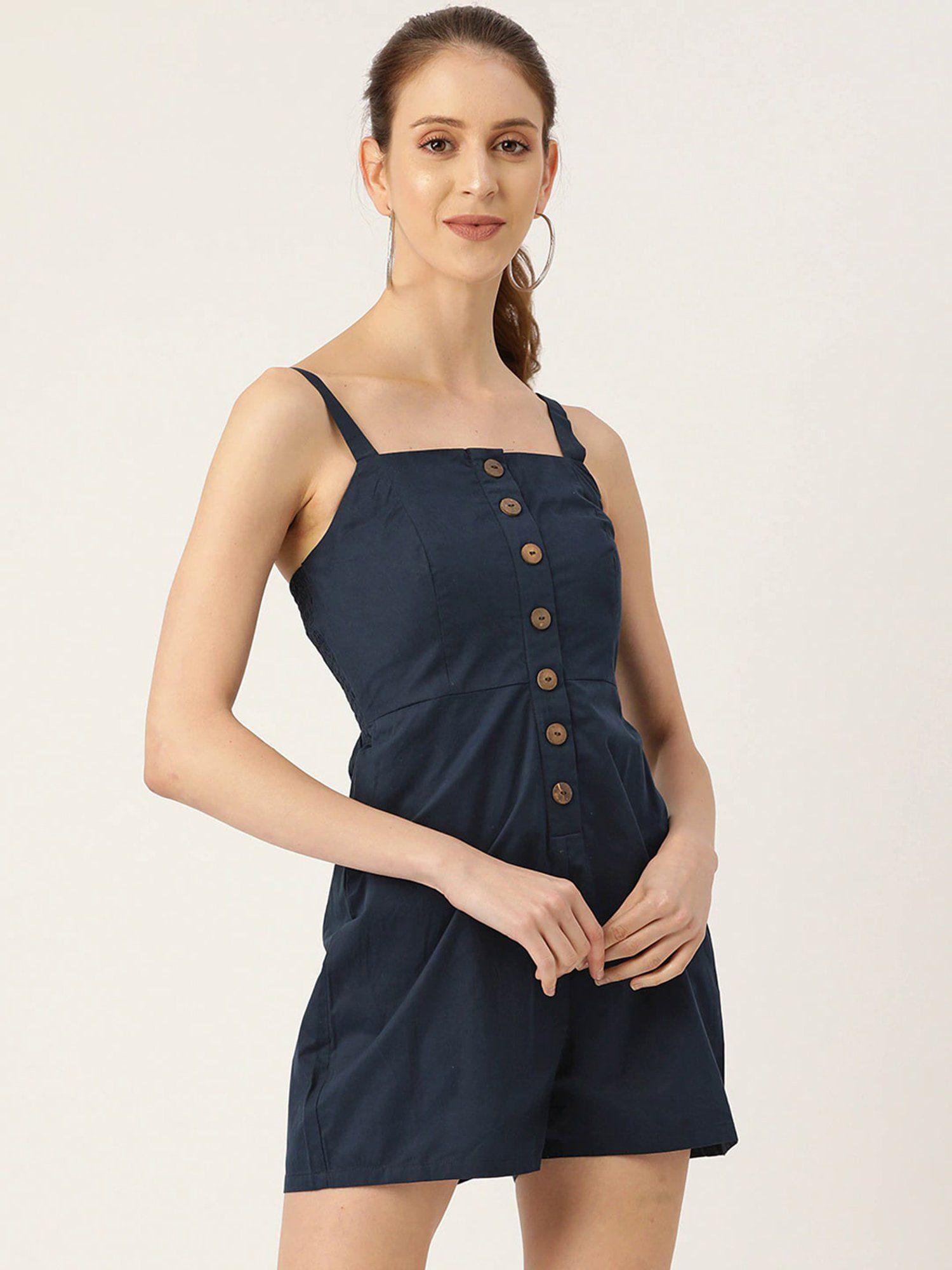 navy blue solid square neck playsuit