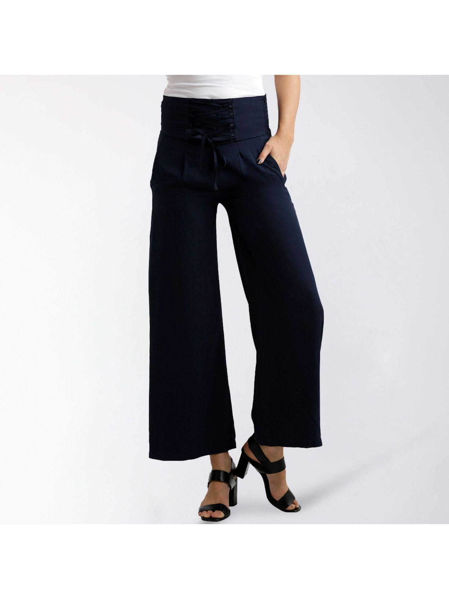 navy blue solid straight fit criss cross detailing waist tie-up pant