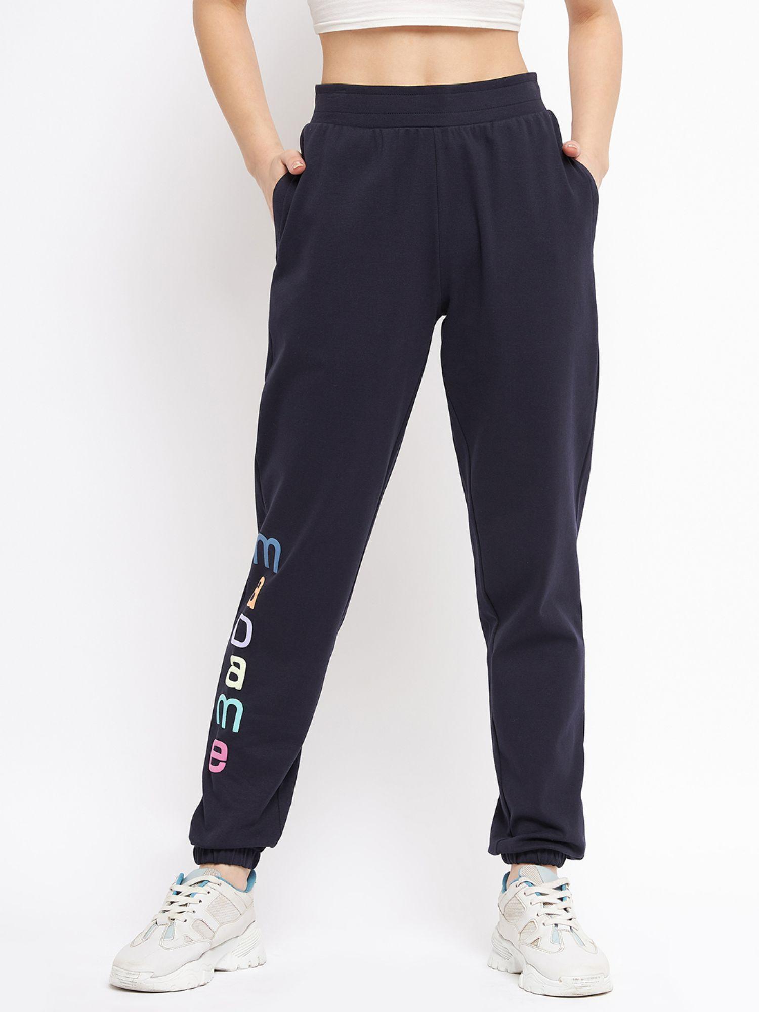 navy blue solid straight fit trackpants