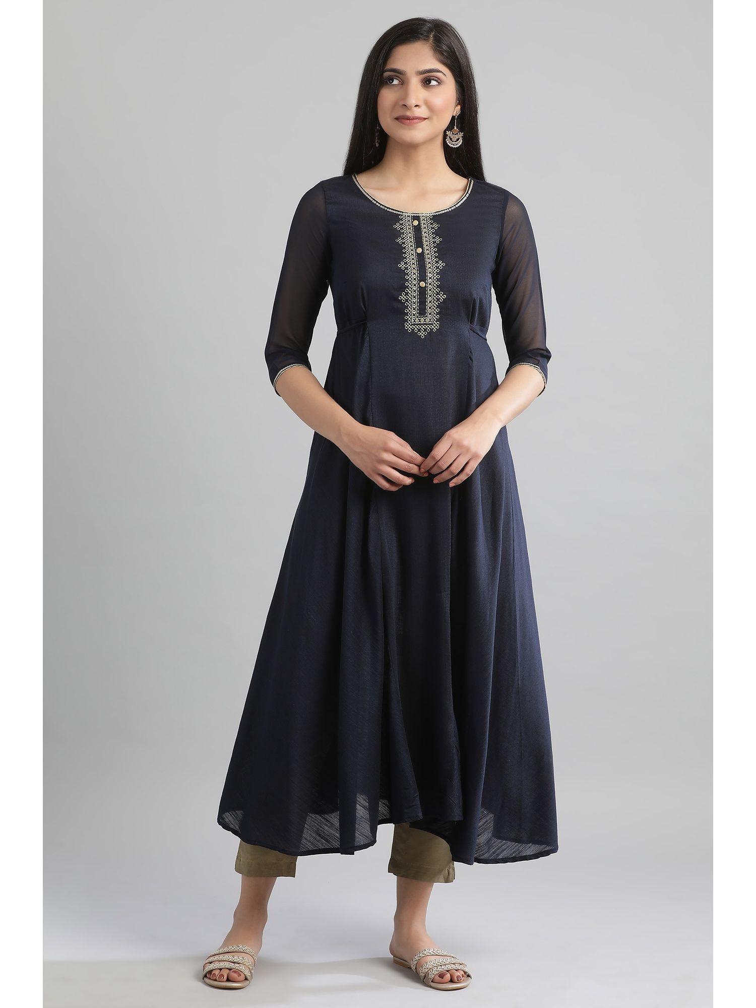 navy blue solid straight kurta