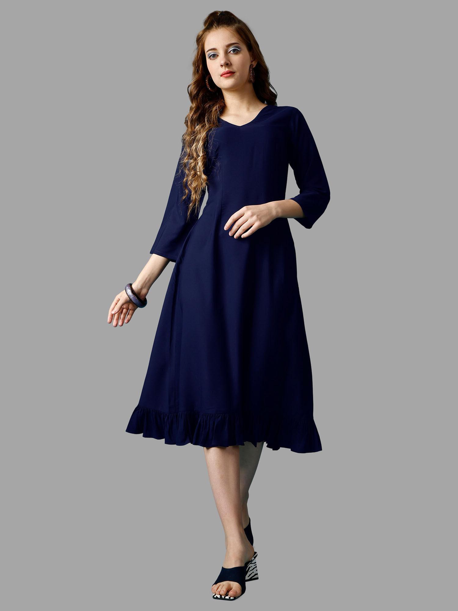 navy blue solid three fourth sleeves midi dress for women