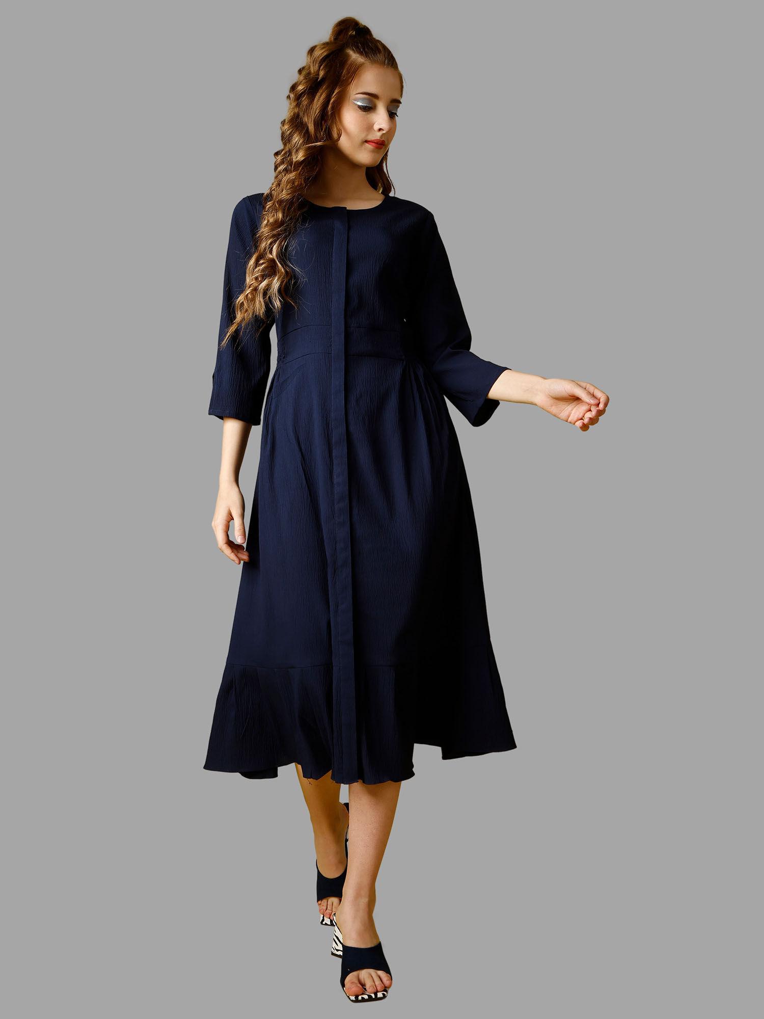 navy blue solid three fourth sleeves midi dress for women