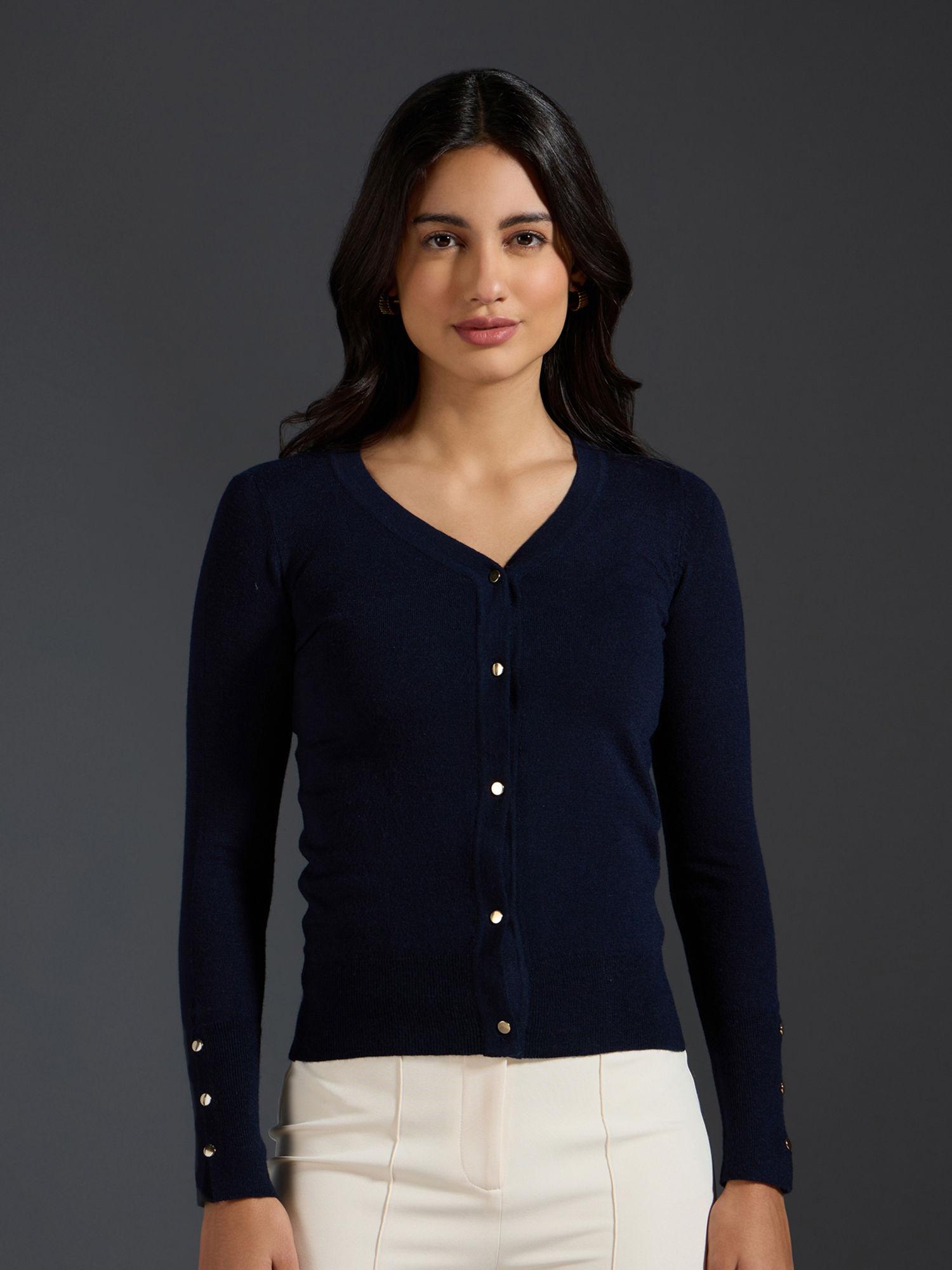 navy blue solid v neck buttoned sleeves cardigan