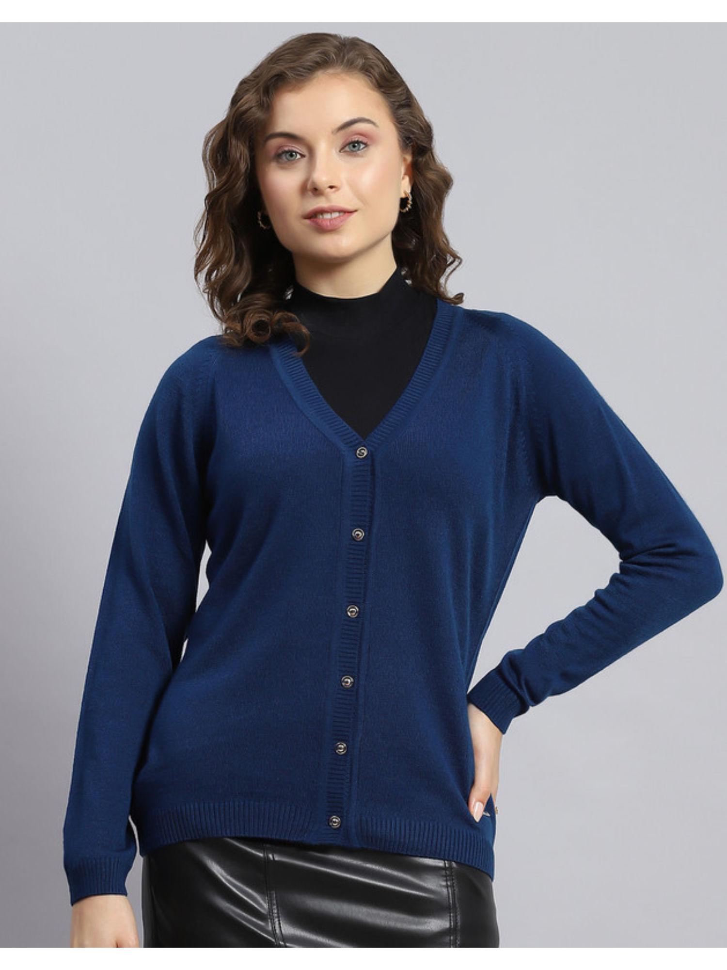 navy blue solid v-neck full sleeves cardigan