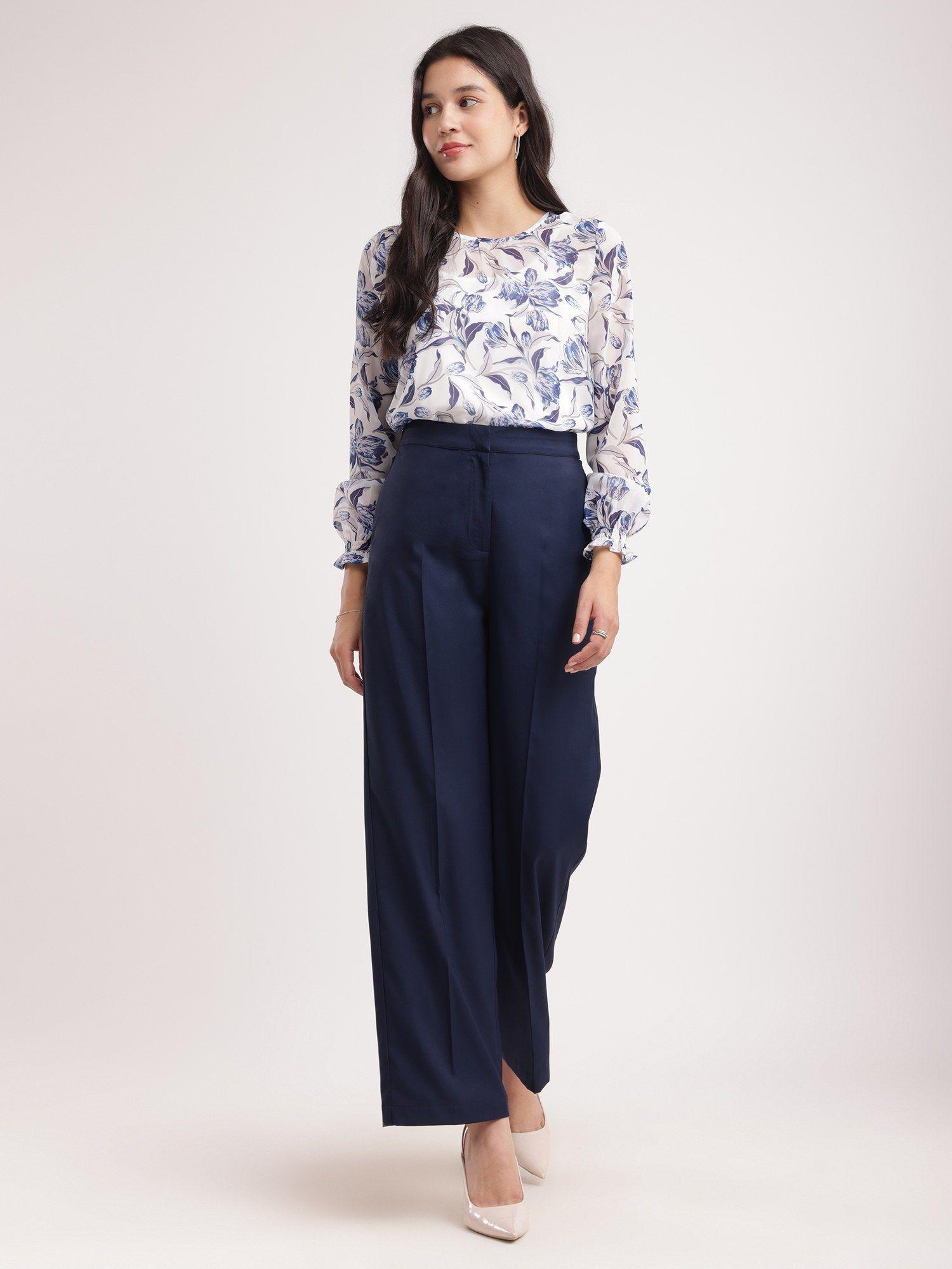 navy blue solid wide leg trouser