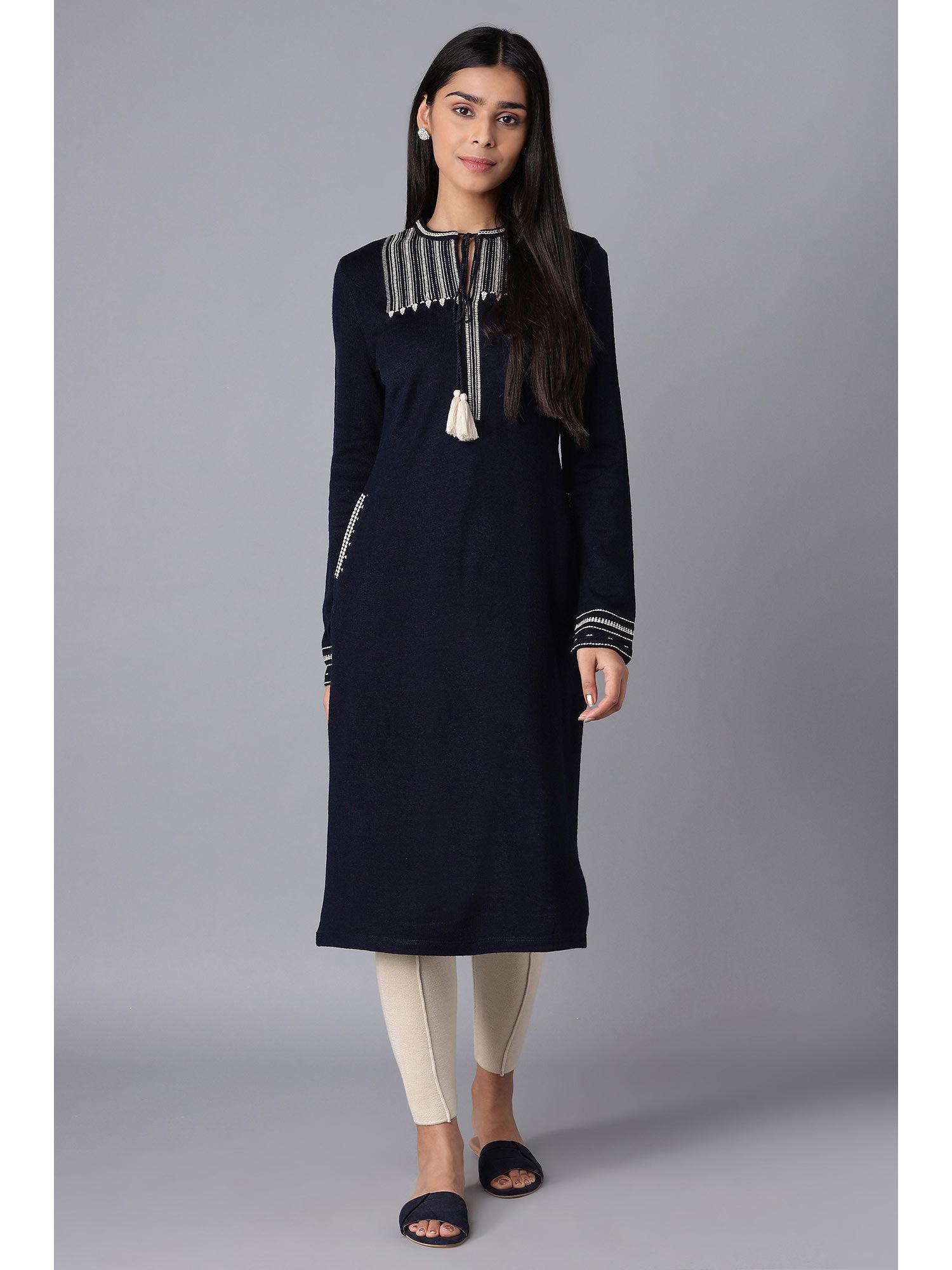 navy blue solid winter kurta