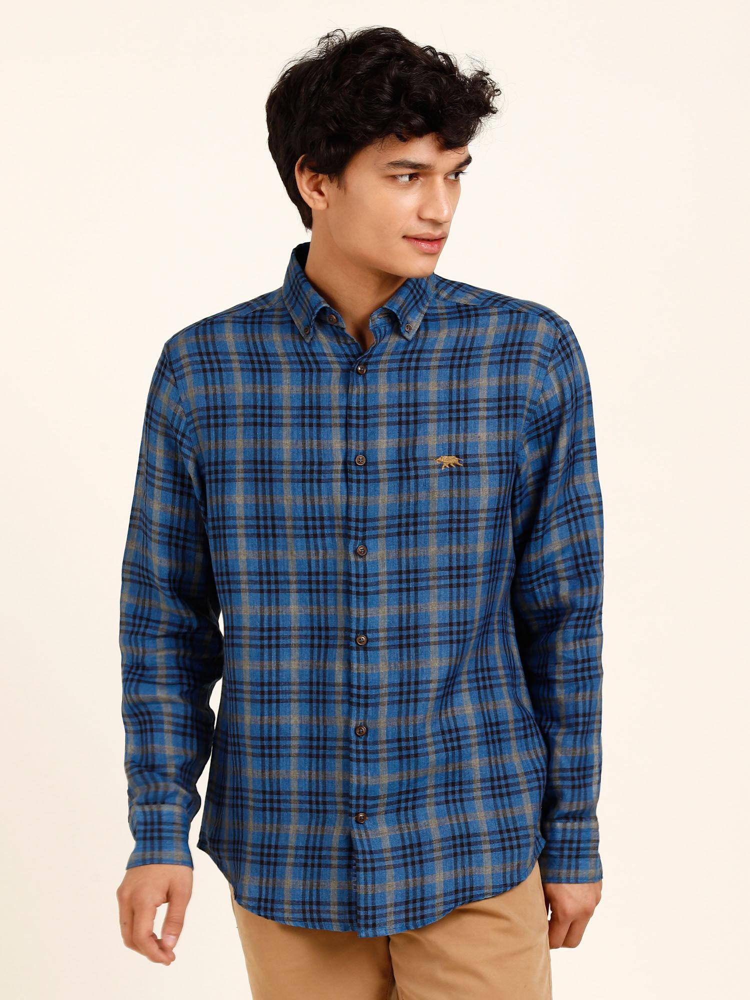 navy blue space check slim shirt